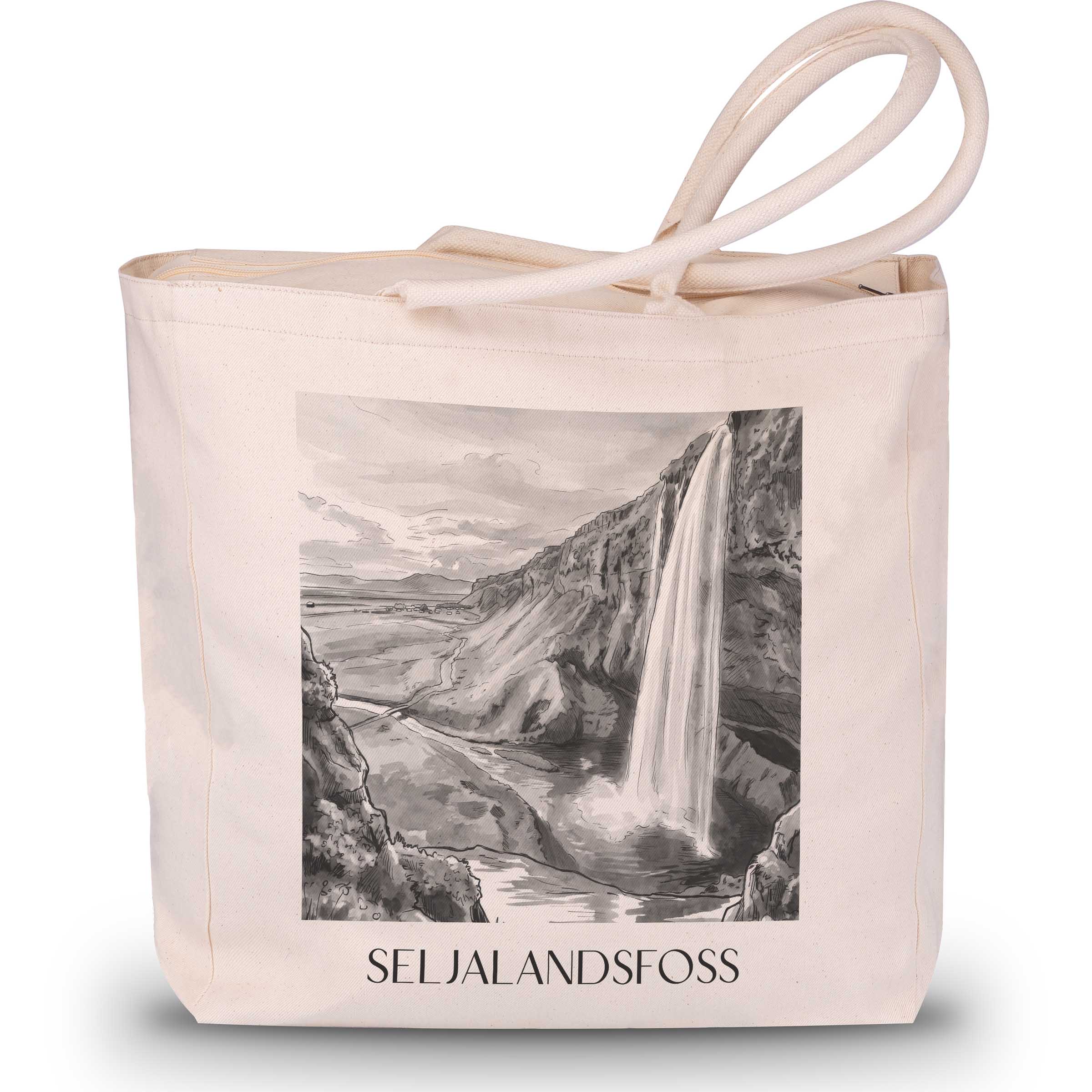 Seljalandsfoss - Island Tote Bag - Einkaufstasche im Aquarell Schwarz-Weiß Stil - favplace