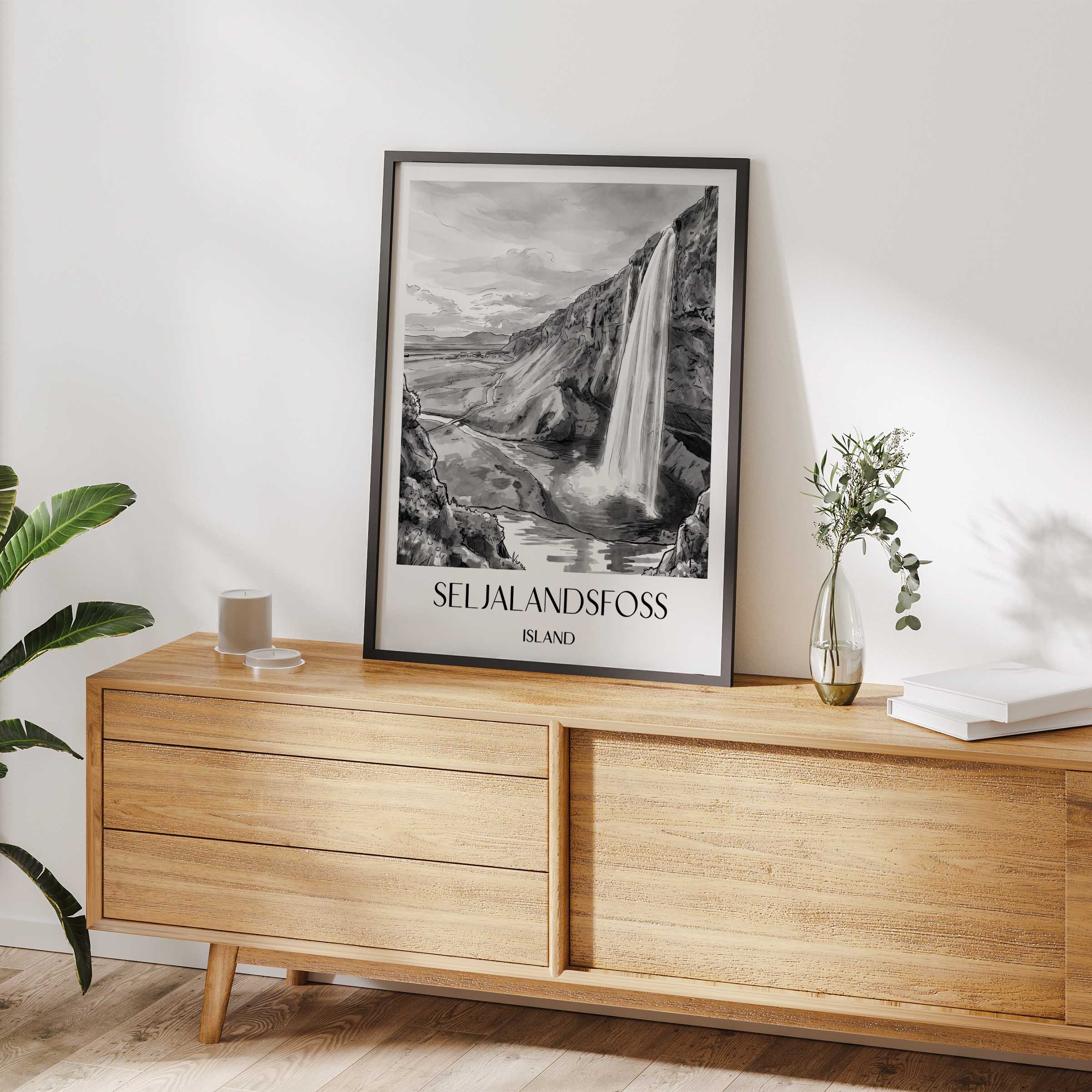 seljalandsfoss-island-poster-aquarell-schwarz-weiss