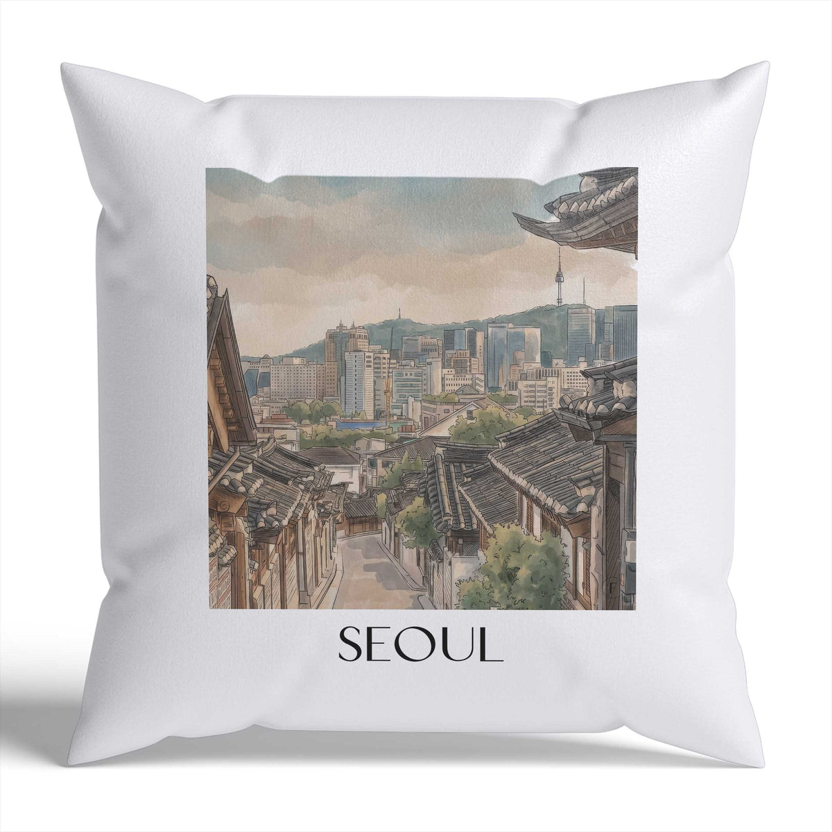 Seoul Kissenhülle - Zierkissen Bezug - Südkorea - Südkorea Kissen bzw. Kissenbezug im Aquarell Stil - favplace