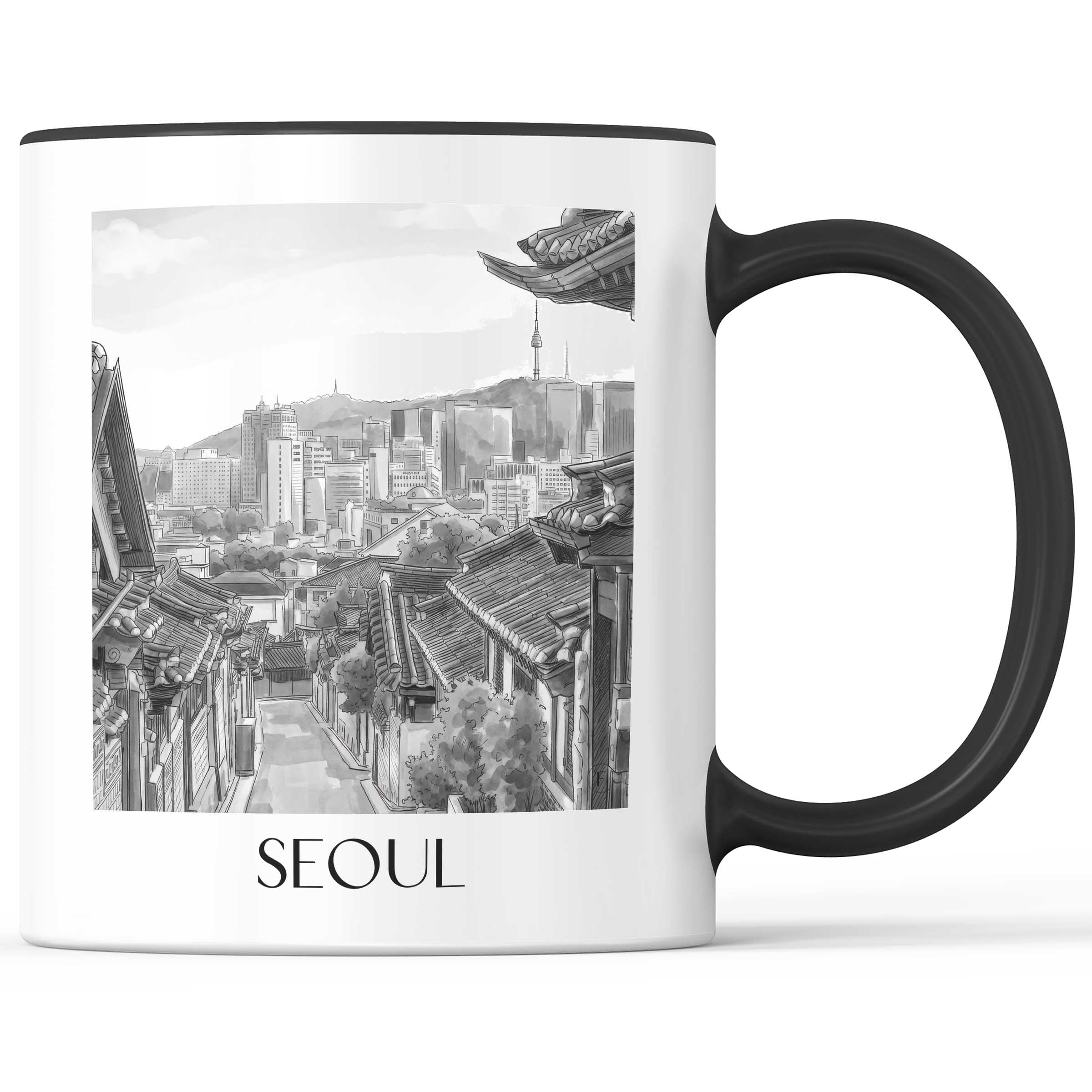 Seoul - Südkorea Becher - Kaffeetasse im Aquarell Schwarz-Weiß Stil - favplace