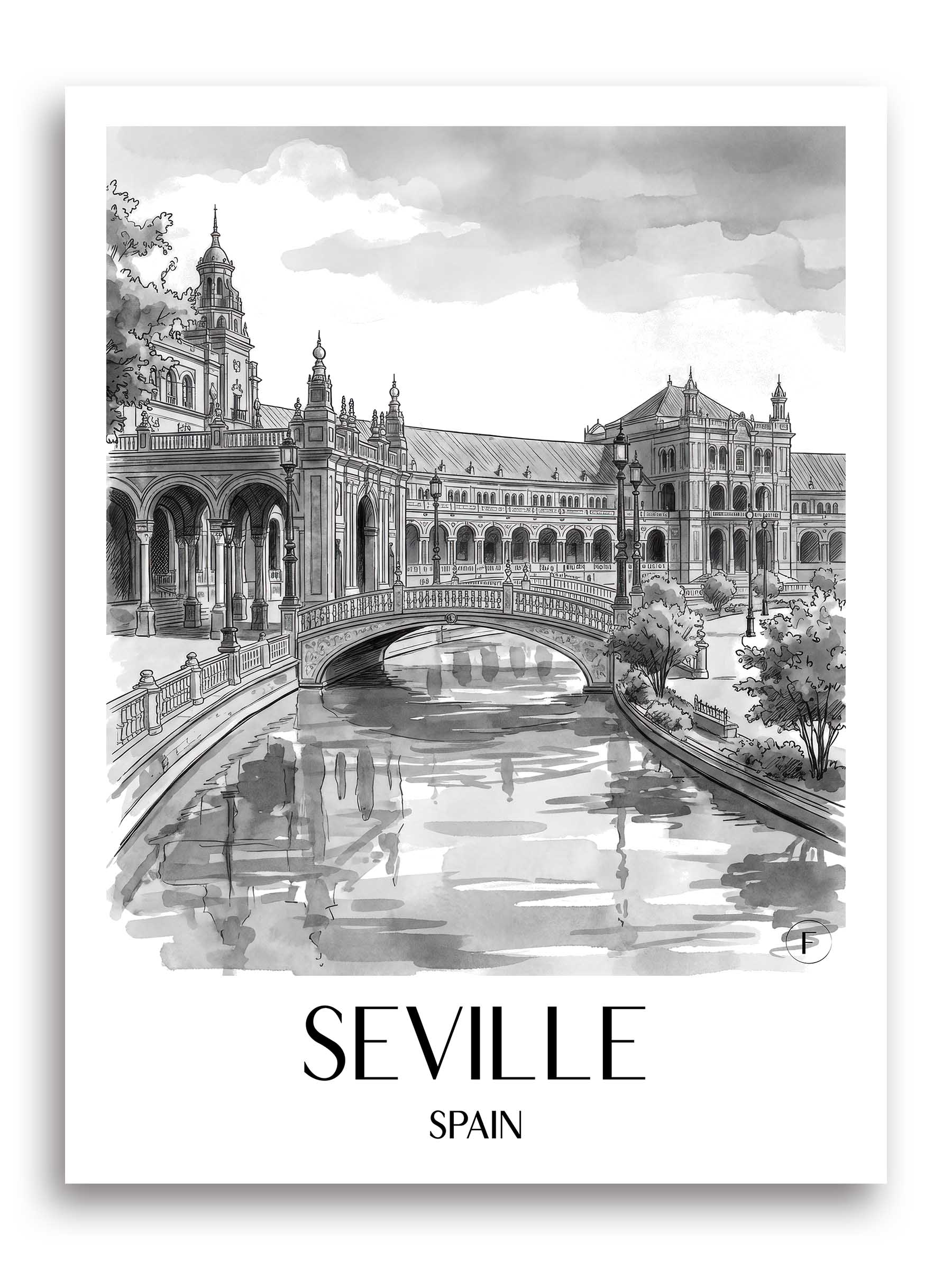 Sevilla Poster - - Spanien Kunstdruck - Aquarell Schwarz-Weiß von A4 bis A1 - favplace