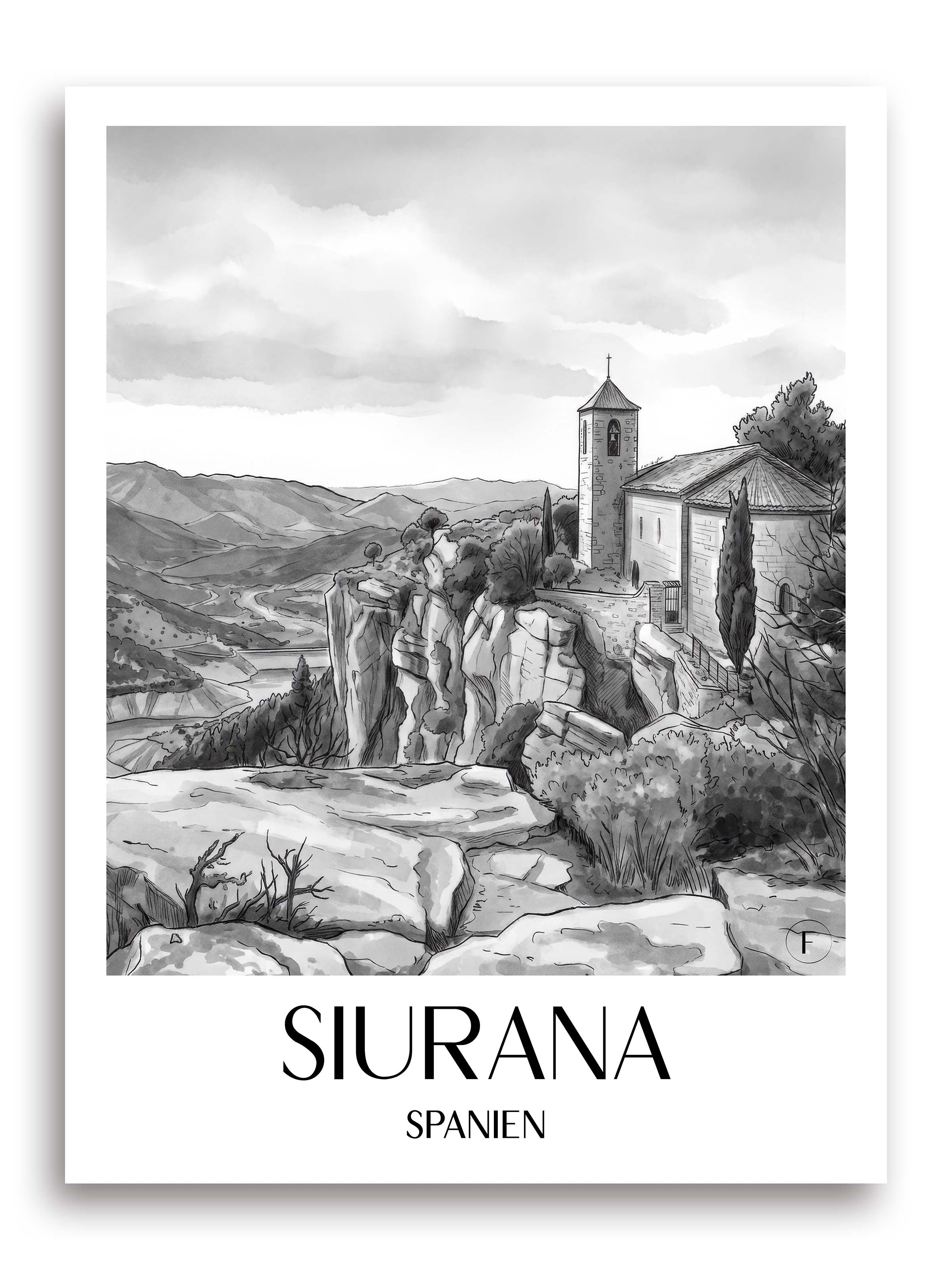 siurana-spanien-spanien-und-spanien-poster-aquarell-schwarz-weiss