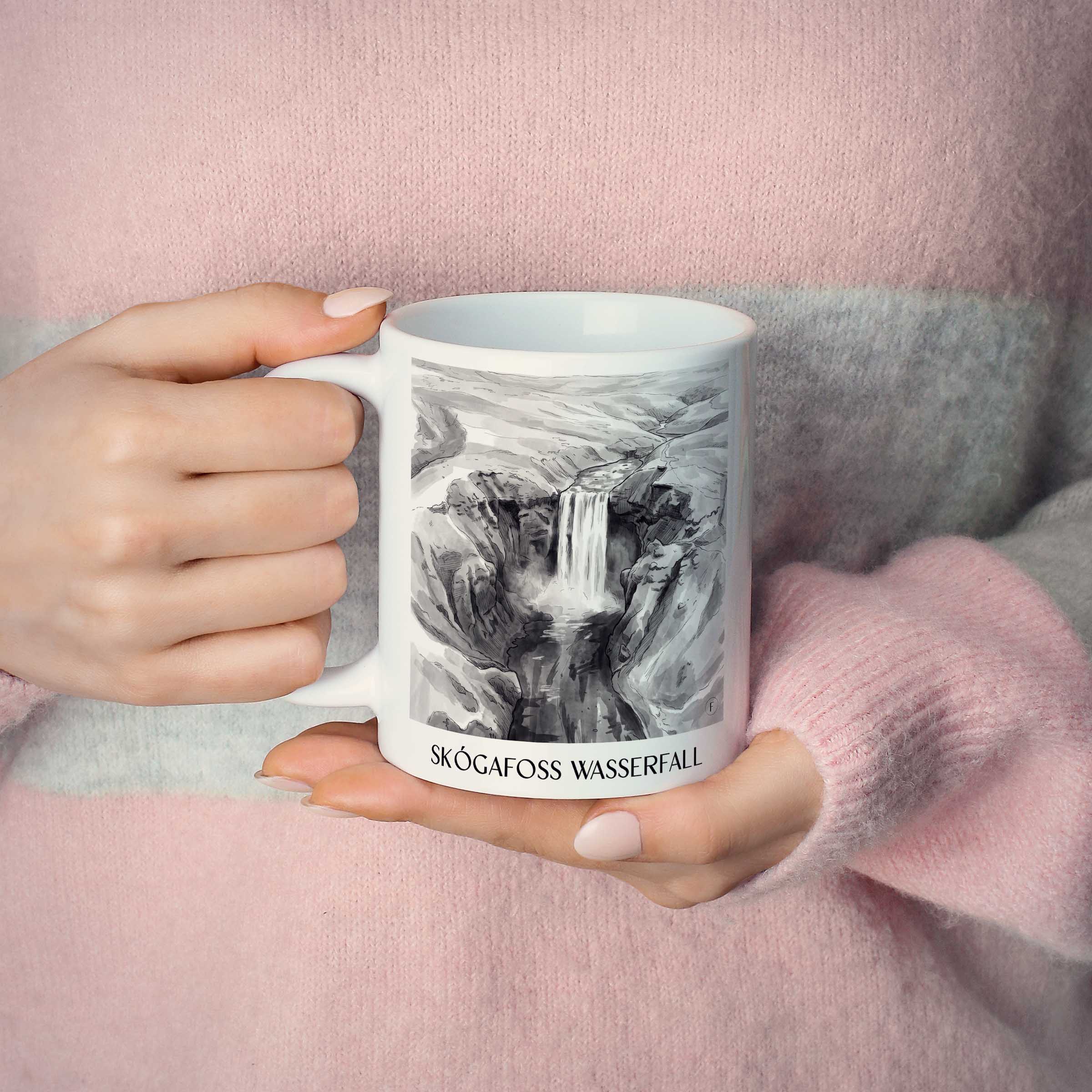 skógafoss-wasserfall-island-island-kaffeebecher-aquarell-schwarz-weiss