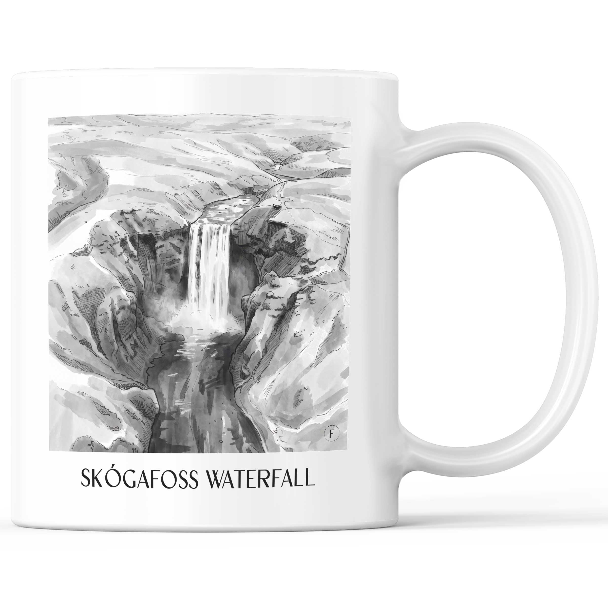 Skógafoss Wasserfall Kaffeebecher - Island - Island Becher - Kaffeetasse im Aquarell Schwarz-Weiß Stil - favplace