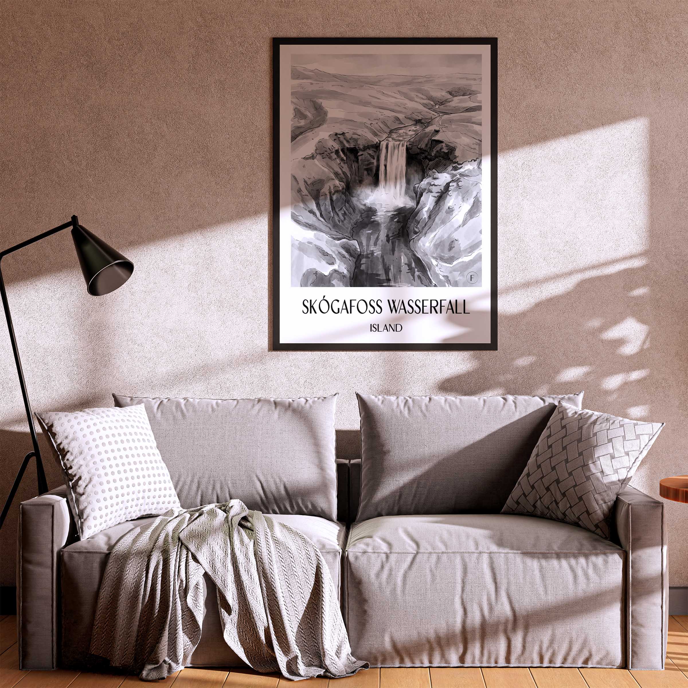 skógafoss-wasserfall-island-island-poster-aquarell-schwarz-weiss