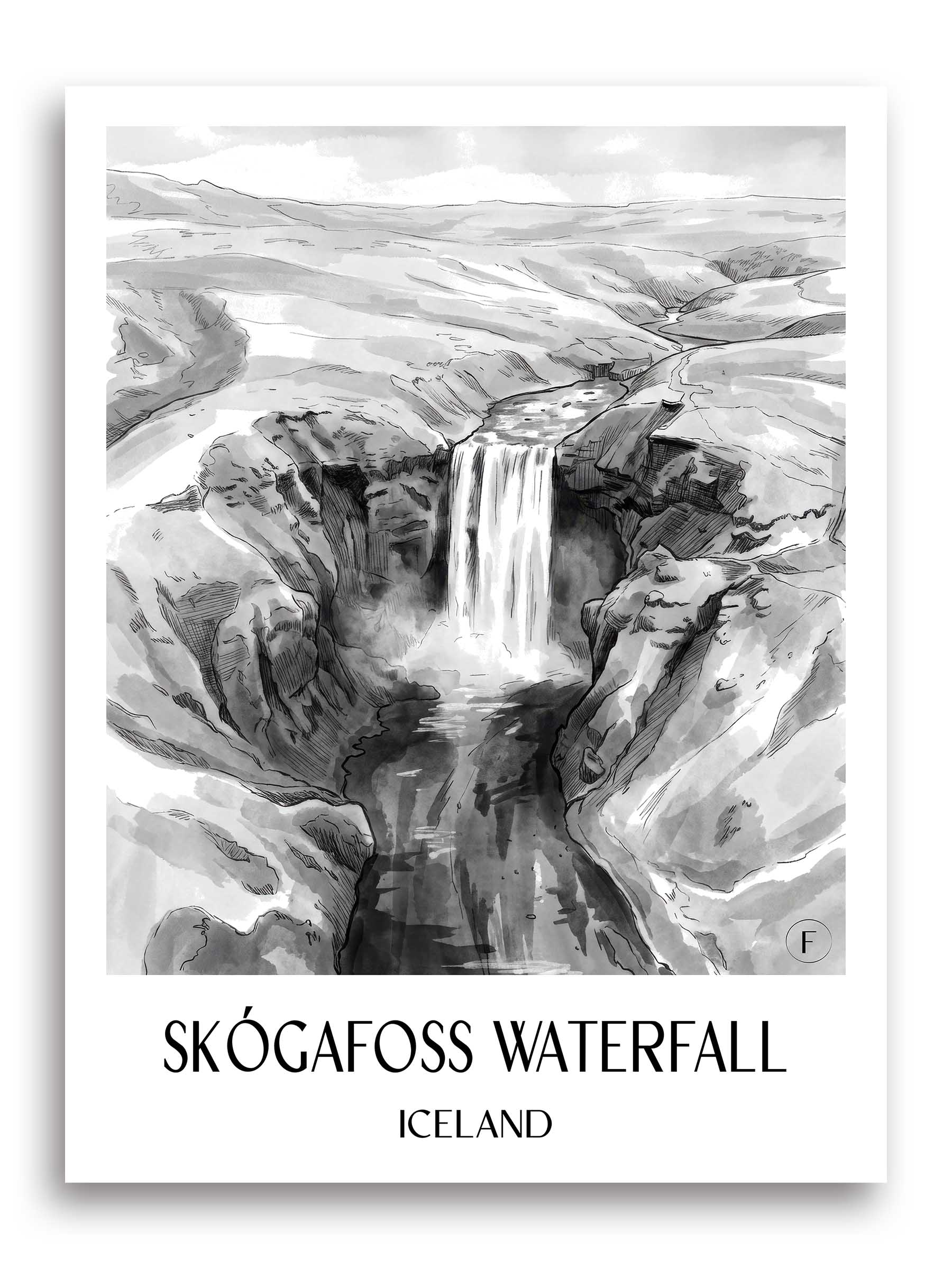 Skógafoss Wasserfall Poster - Island - Island Kunstdruck - Aquarell Schwarz-Weiß von A4 bis A1 - favplace