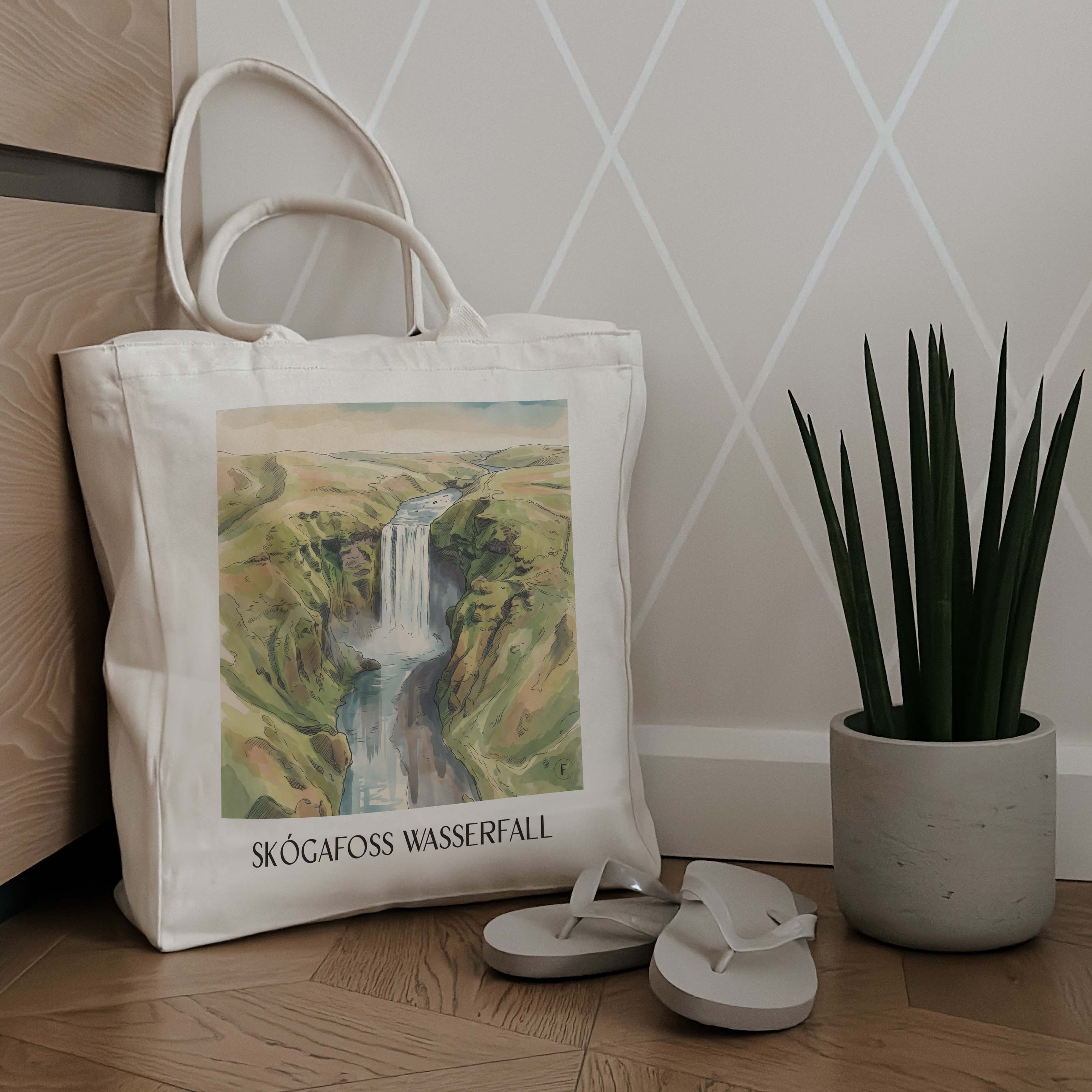 skógafoss-wasserfall-island-island-einkaufstasche-aquarell