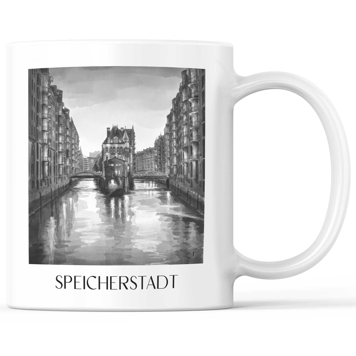 Speicherstadt Kaffeebecher - Hamburg - Deutschland Becher - Kaffeetasse im Aquarell Schwarz-Weiß Stil - favplace