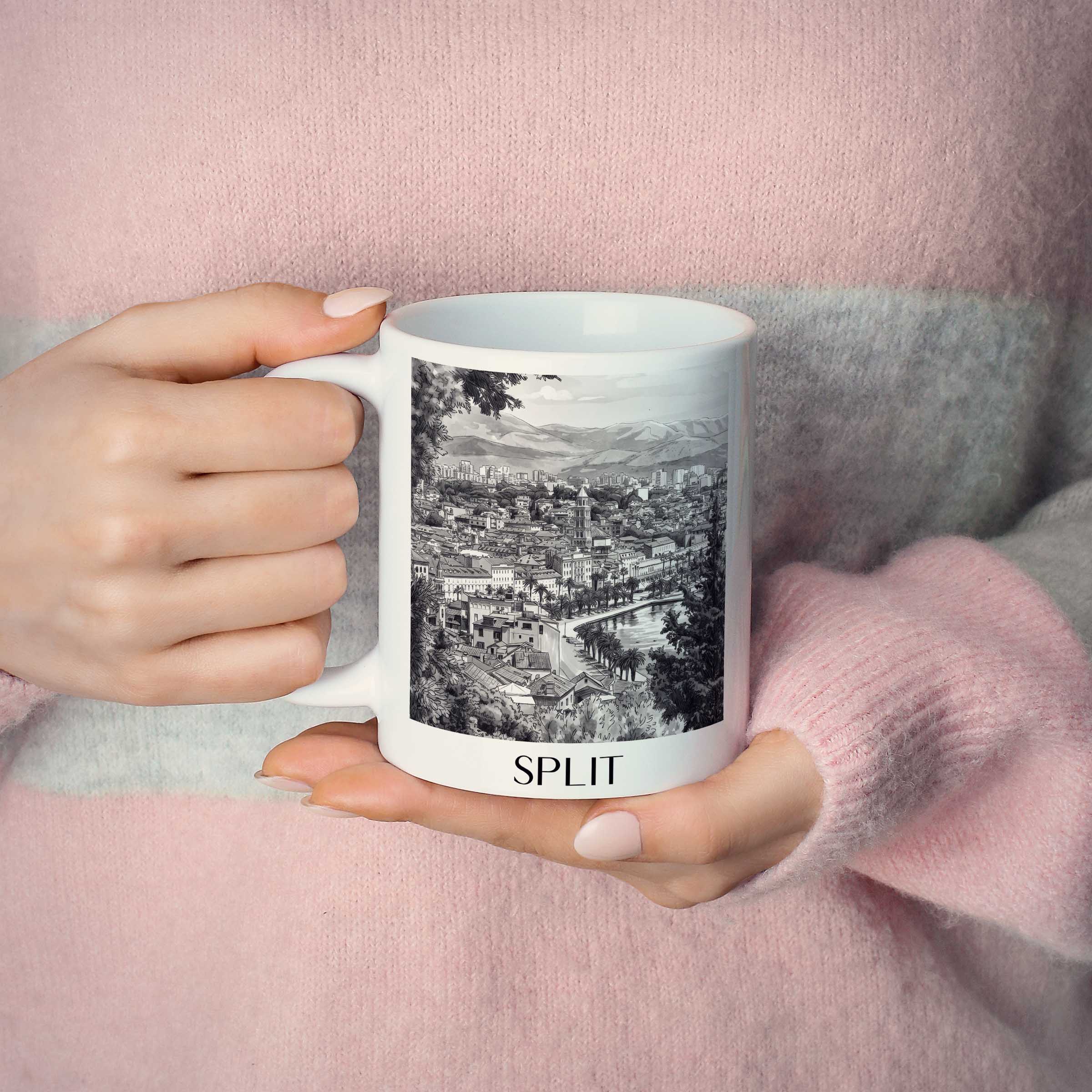 split-kroatien-kaffeebecher-aquarell-schwarz-weiss