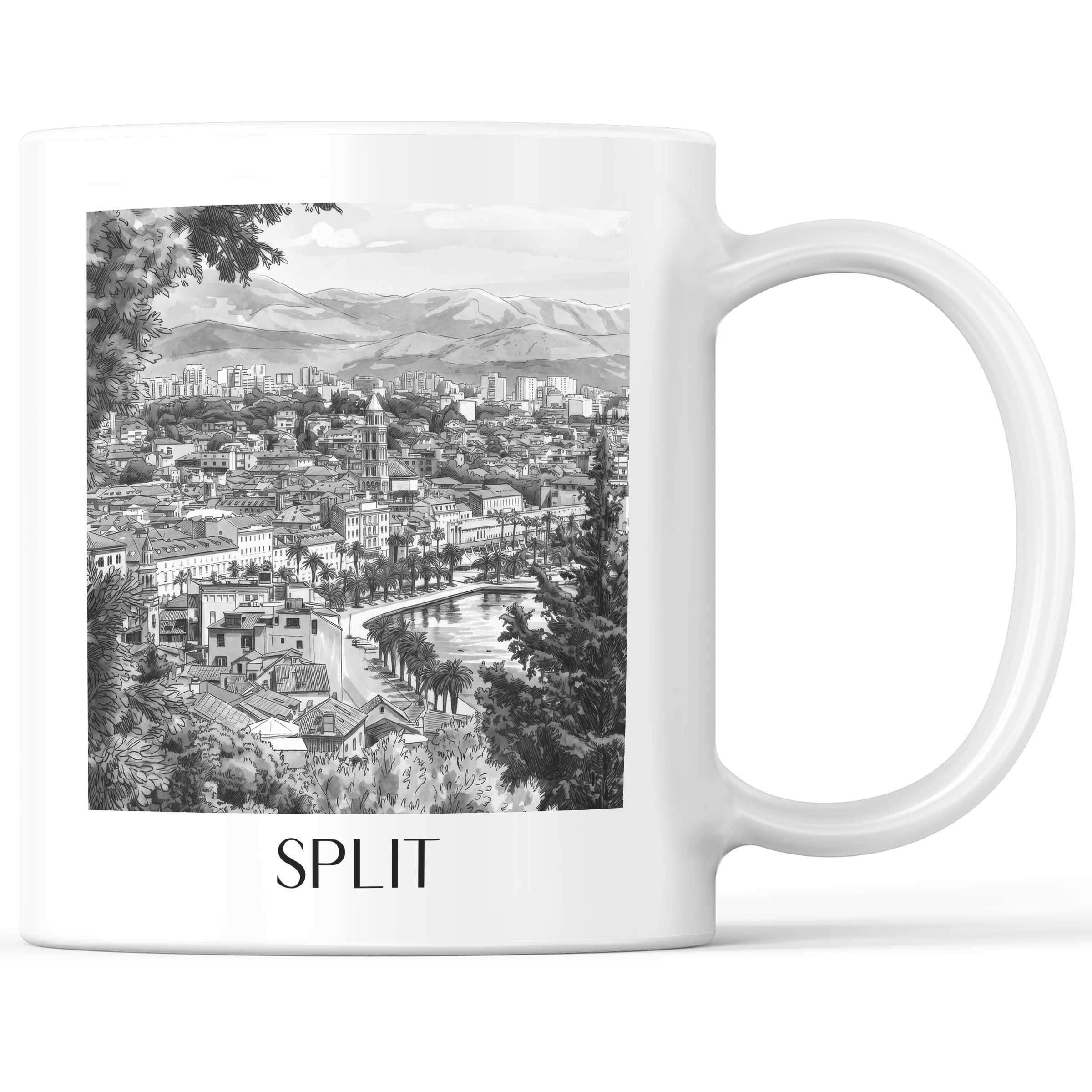 Split - Kroatien Becher - Kaffeetasse im Aquarell Schwarz-Weiß Stil - favplace