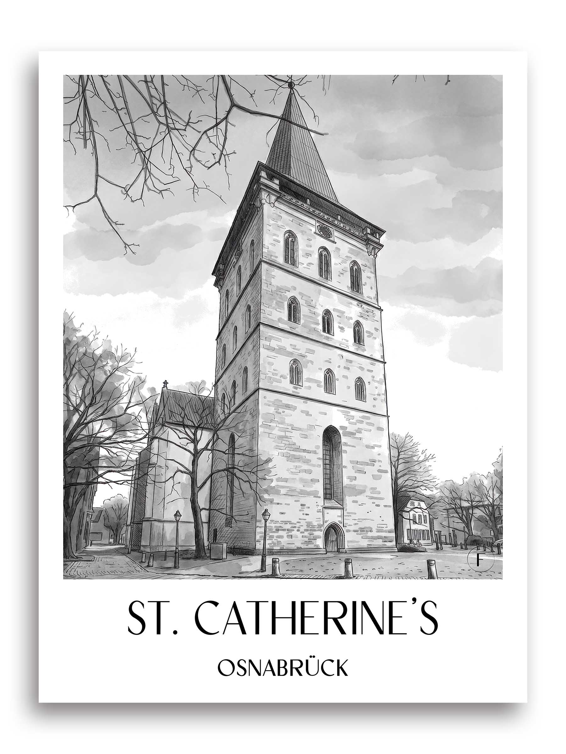 St. Katharinen Poster - Osnabrück - Deutschland Kunstdruck - Aquarell Schwarz-Weiß von A4 bis A1