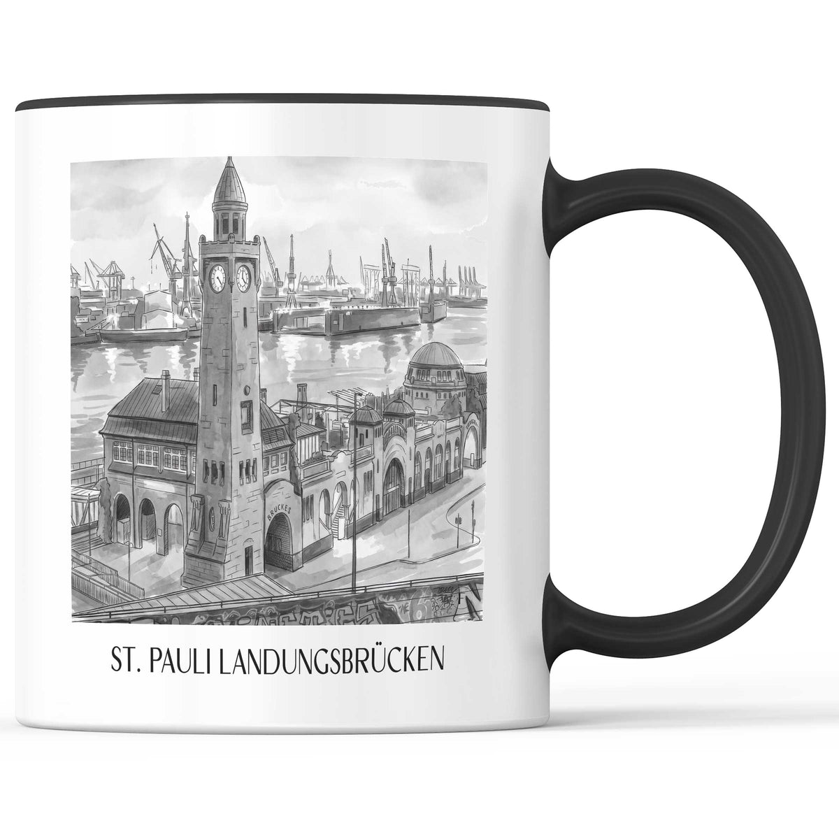 St. Pauli Landungsbrücken Kaffeebecher - Hamburg - Deutschland Becher - Kaffeetasse im Aquarell Schwarz-Weiß Stil - favplace