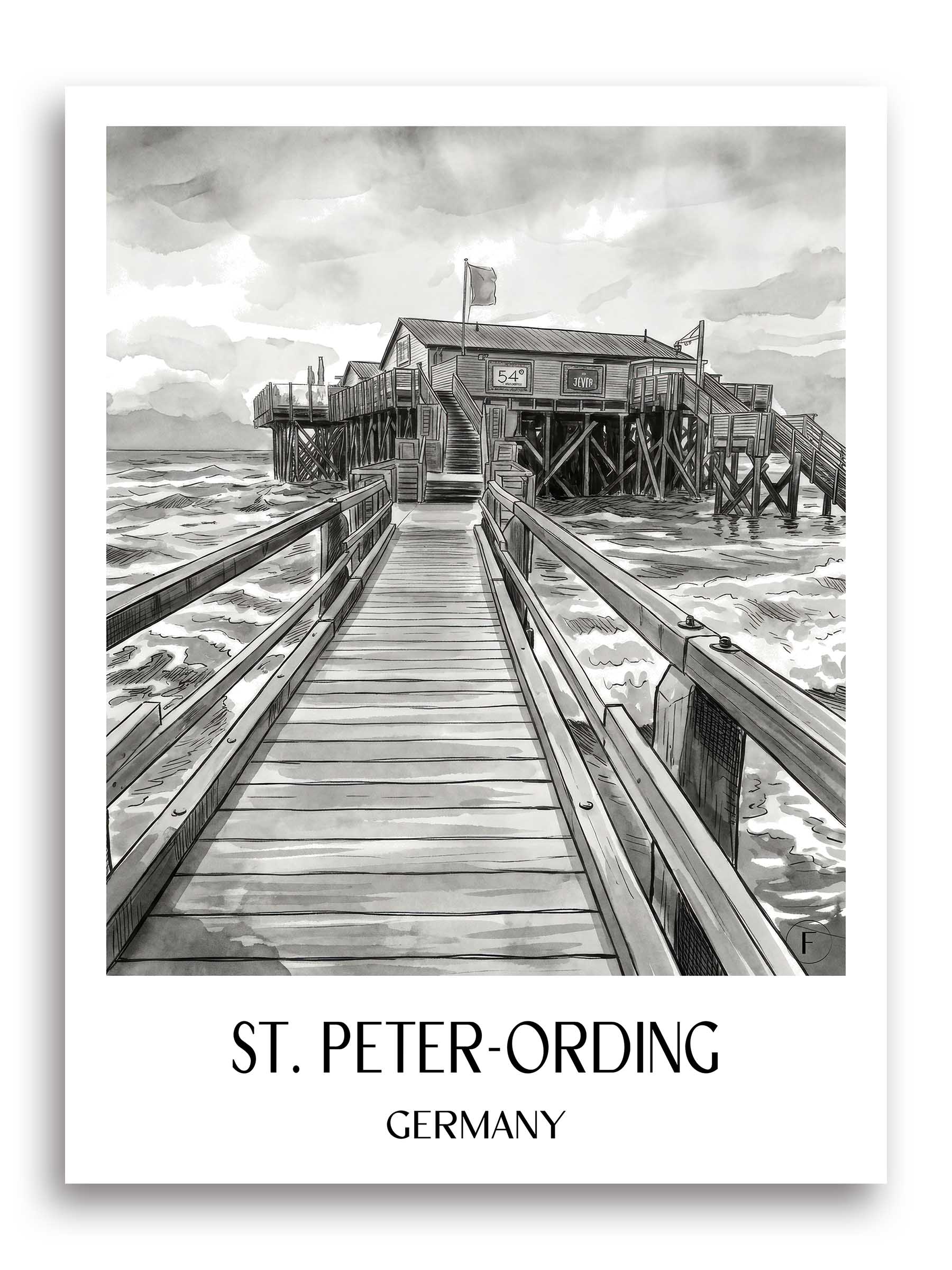St. Peter-Ording Poster - Nordfriesland - Deutschland Kunstdruck - Aquarell Schwarz-Weiß von A4 bis A1