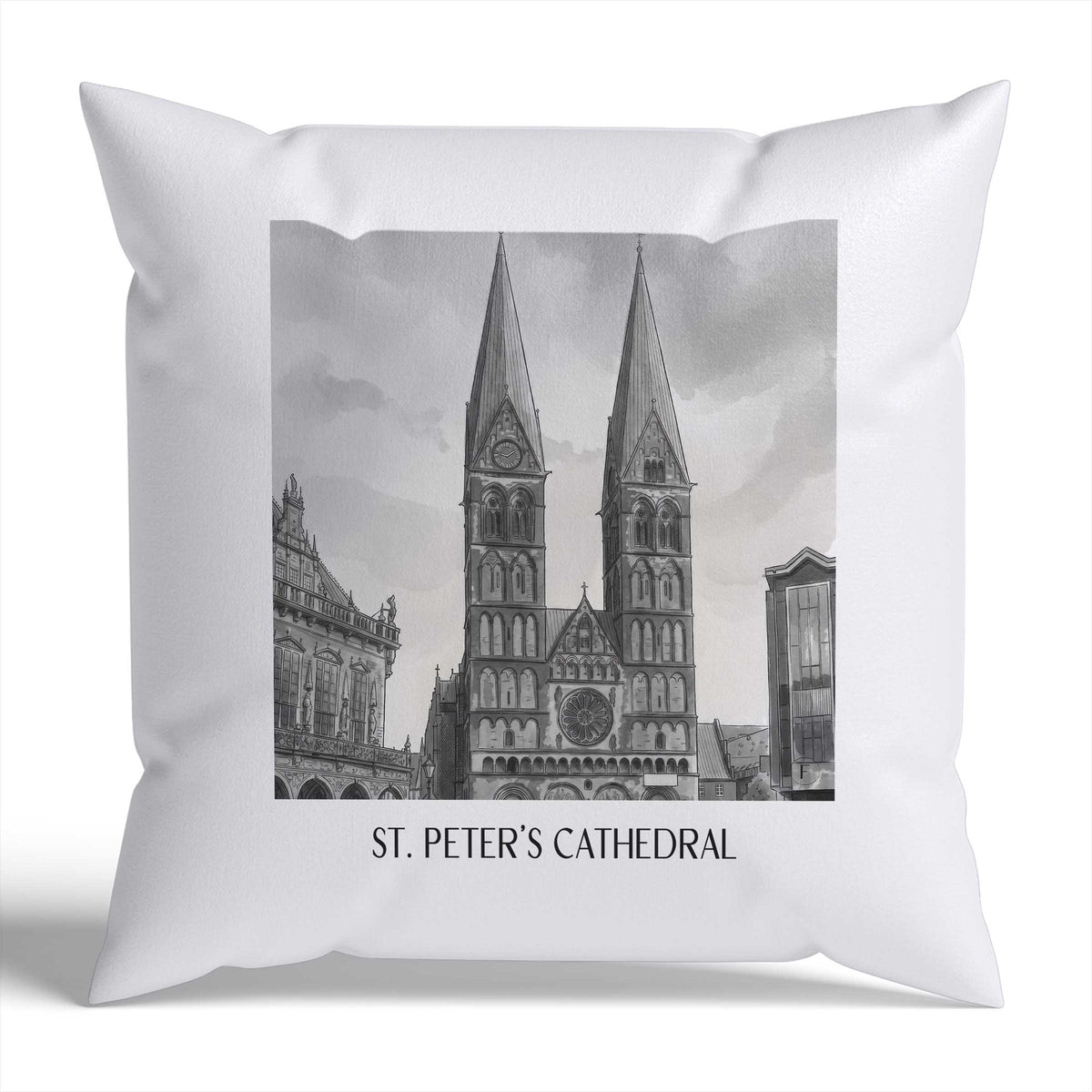 St. Petri Dom Kissenhülle - Zierkissen Bezug - Bremen - Deutschland Kissen bzw. Kissenbezug im Aquarell Schwarz-Weiß Stil - favplace