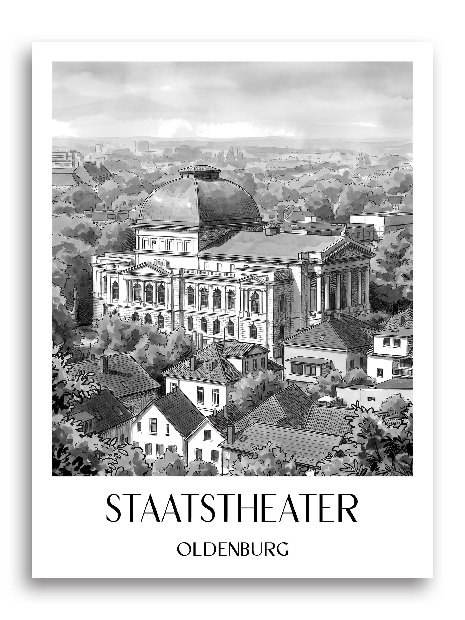 staatstheater-oldenburg-deutschland-poster-aquarell-schwarz-weiss