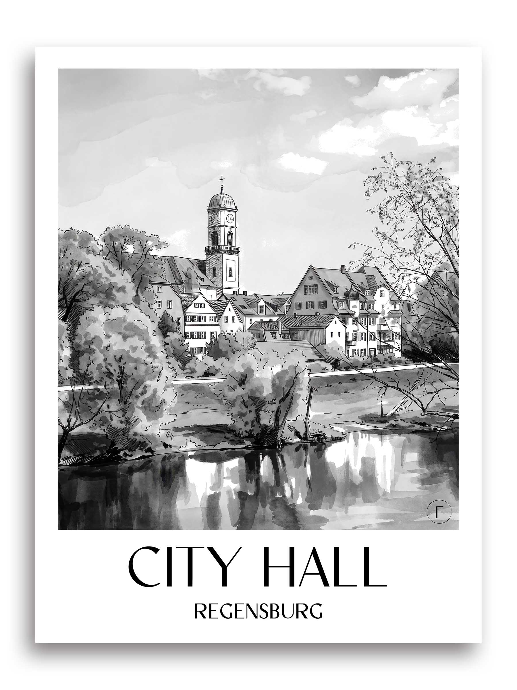 Stadtamthof Poster - Regensburg - Deutschland Kunstdruck - Aquarell Schwarz-Weiß von A4 bis A1