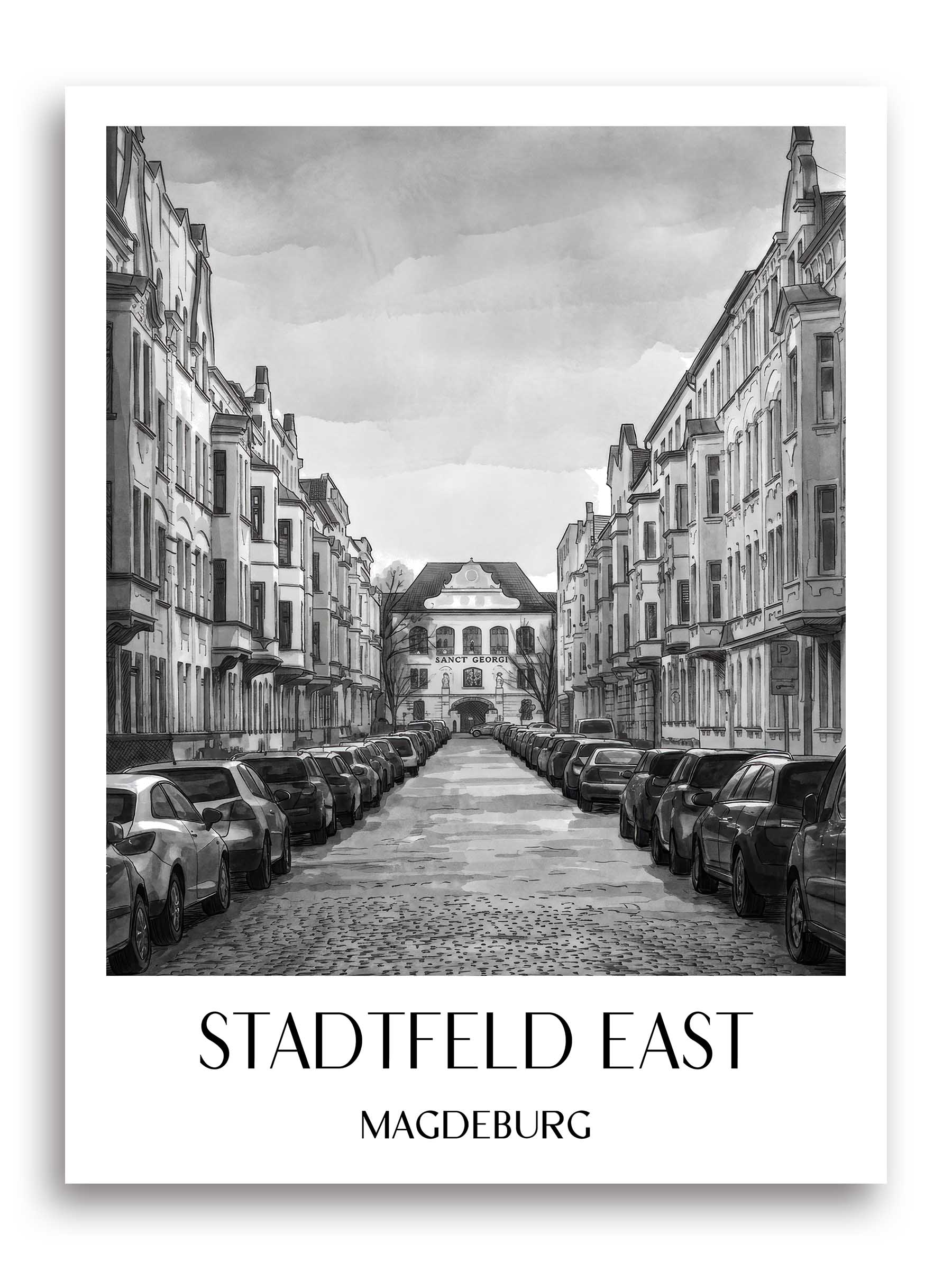 Stadtfeld Ost Poster - Magdeburg - Deutschland Kunstdruck - Aquarell Schwarz-Weiß von A4 bis A1 - favplace