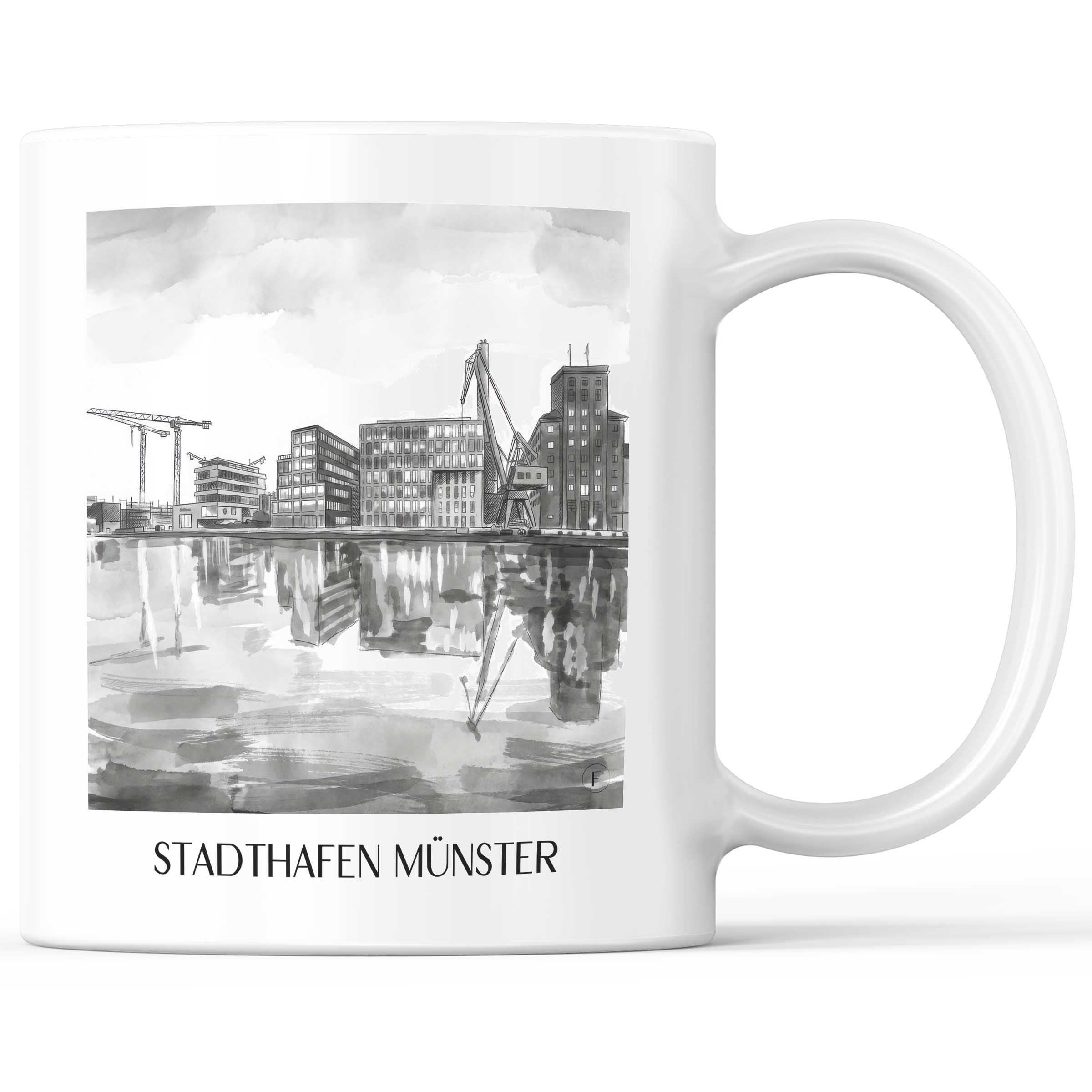 stadthafen-münster-deutschland-kaffeebecher-aquarell-schwarz-weiss