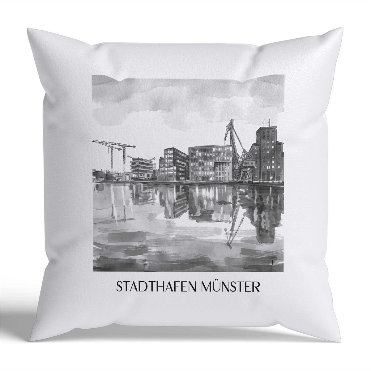 stadthafen-münster-deutschland-kissenbezug-aquarell-schwarz-weiss