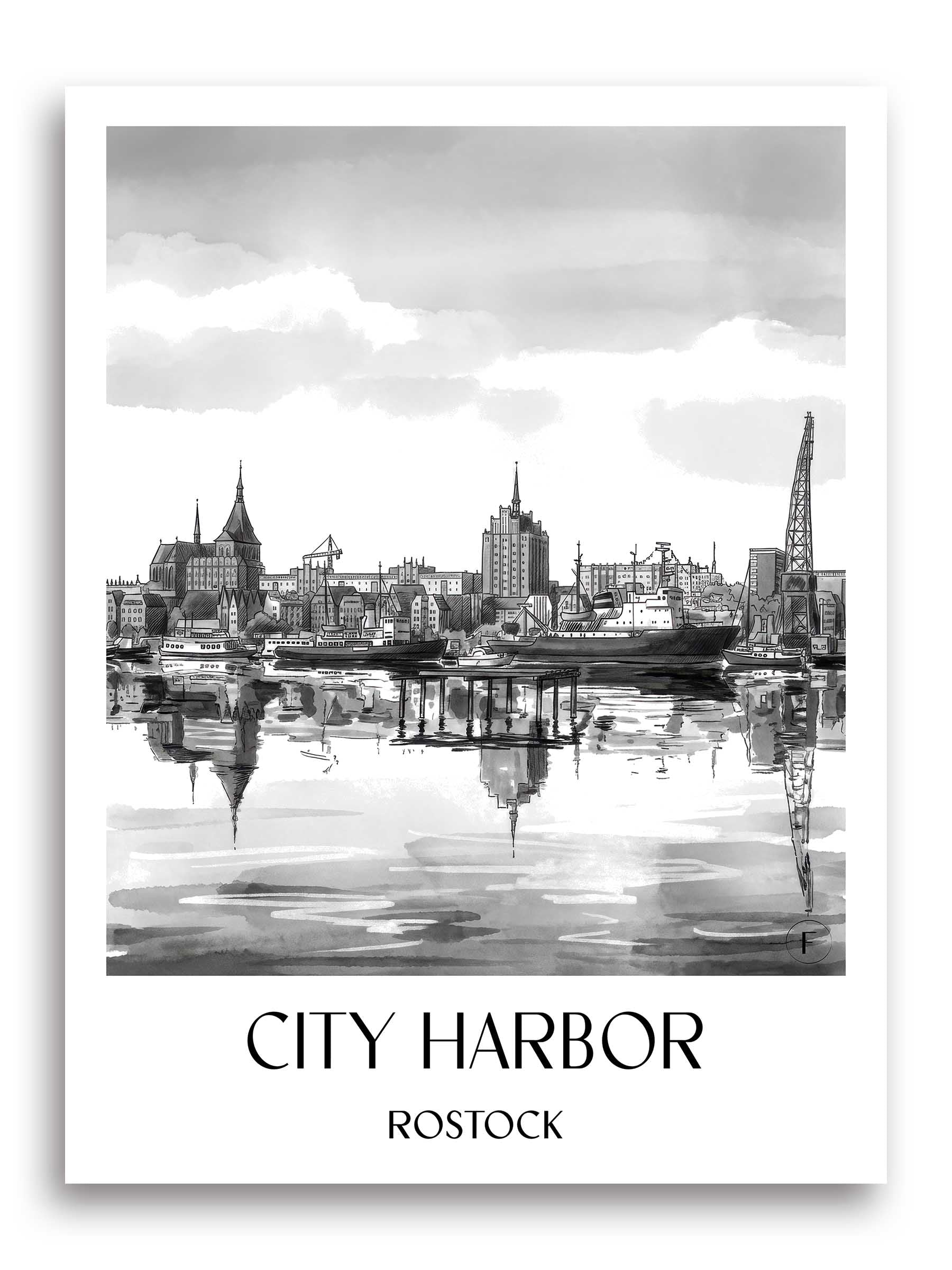 Stadthafen Poster - Rostock - Deutschland Kunstdruck - Aquarell Schwarz-Weiß von A4 bis A1 - favplace