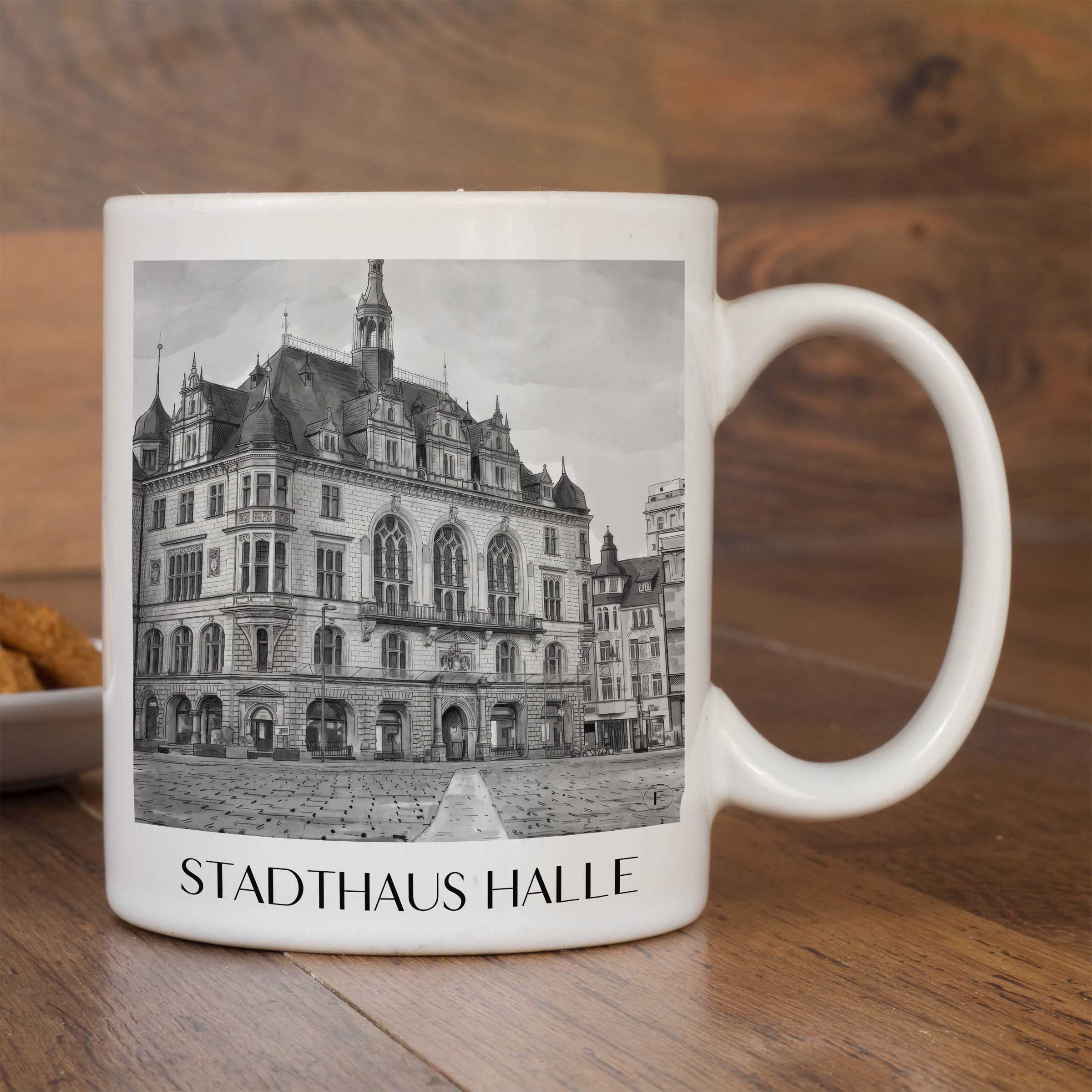 stadthaus-halle-deutschland-kaffeebecher-aquarell-schwarz-weiss