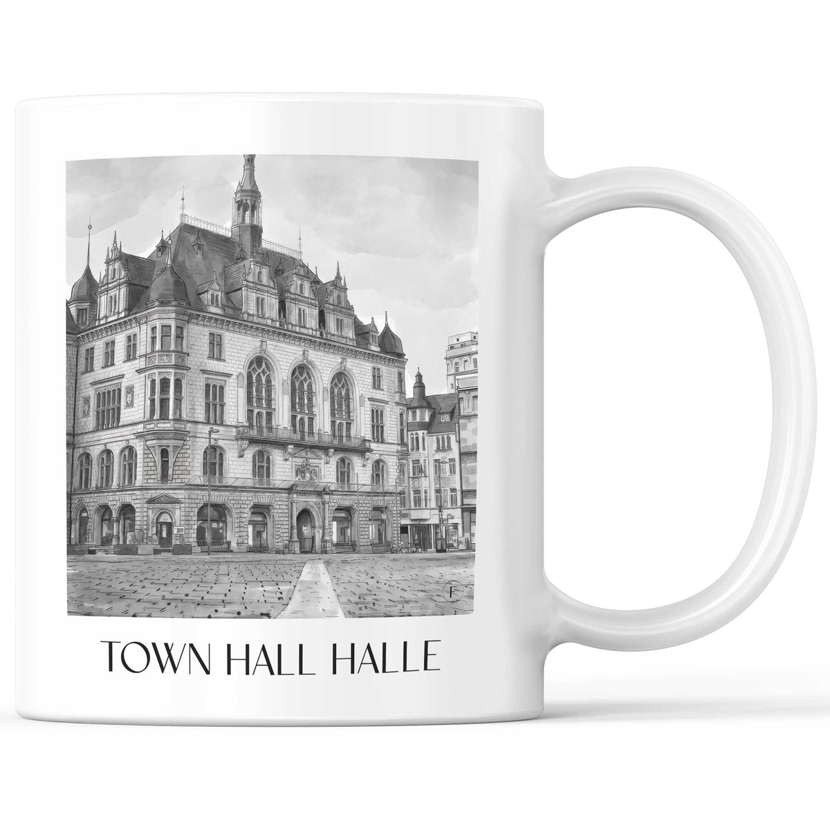 Stadthaus Kaffeebecher - Halle - Deutschland Becher - Kaffeetasse im Aquarell Schwarz-Weiß Stil - favplace