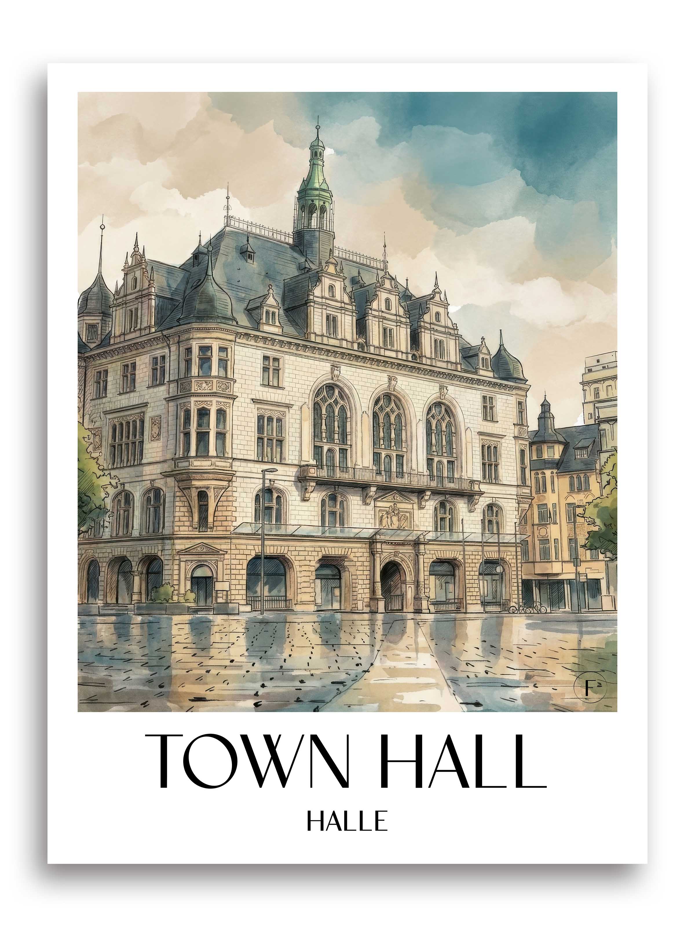 Stadthaus Poster - Halle - Deutschland Kunstdruck - Aquarell von A4 bis A1 - favplace
