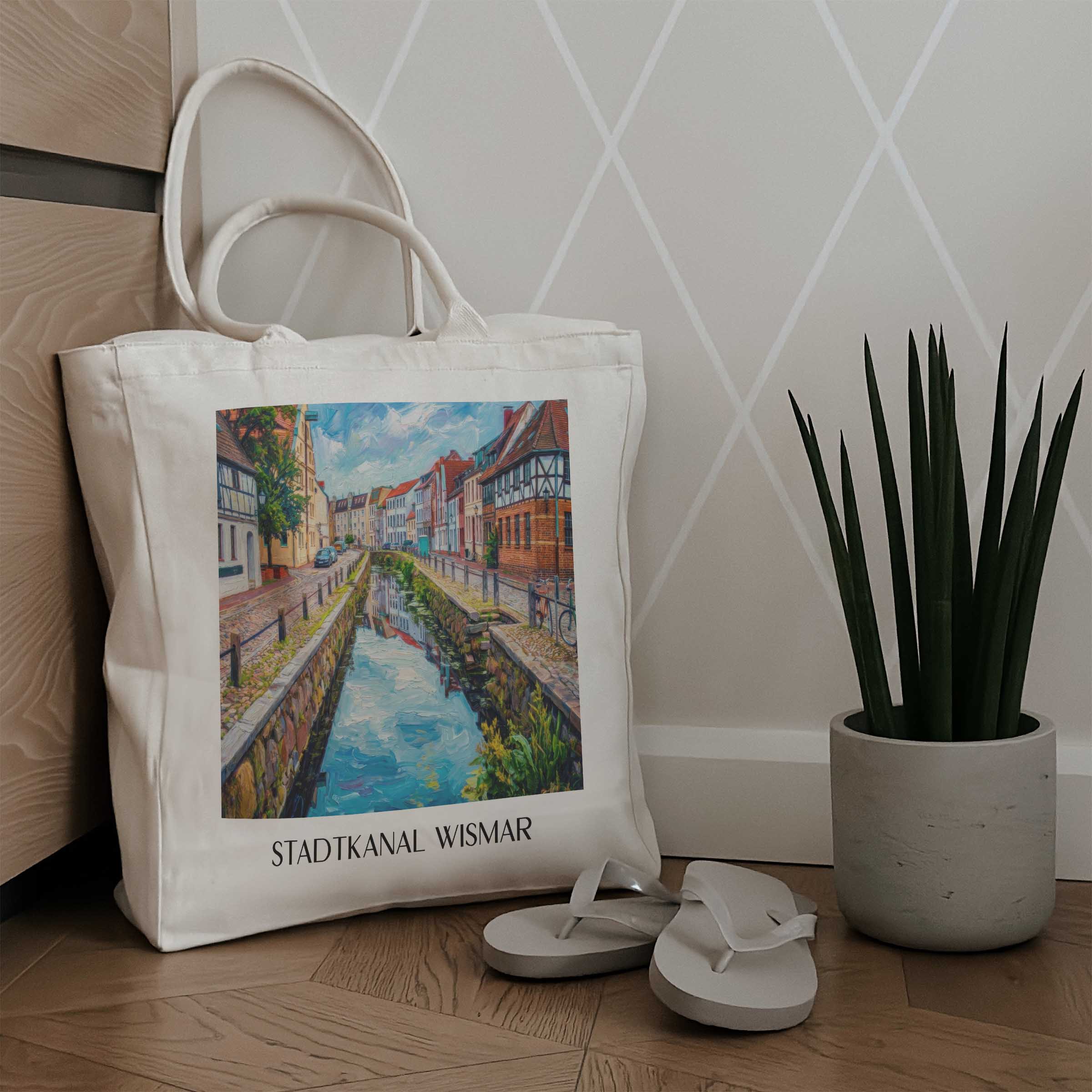 stadtkanal-wismar-deutschland-einkaufstasche-oil-painting-oelgemaelde