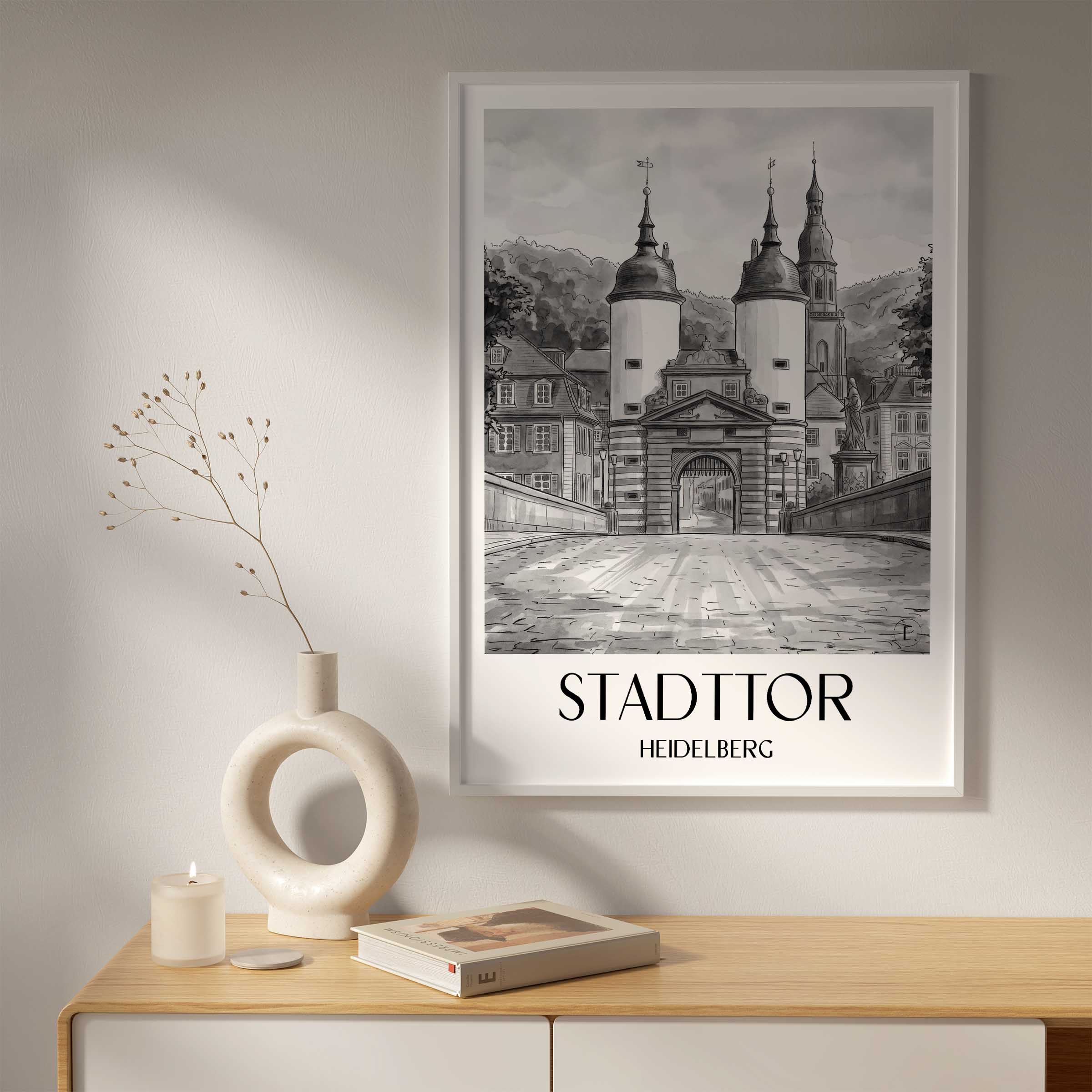 stadttor-heidelberg-deutschland-poster-aquarell-schwarz-weiss