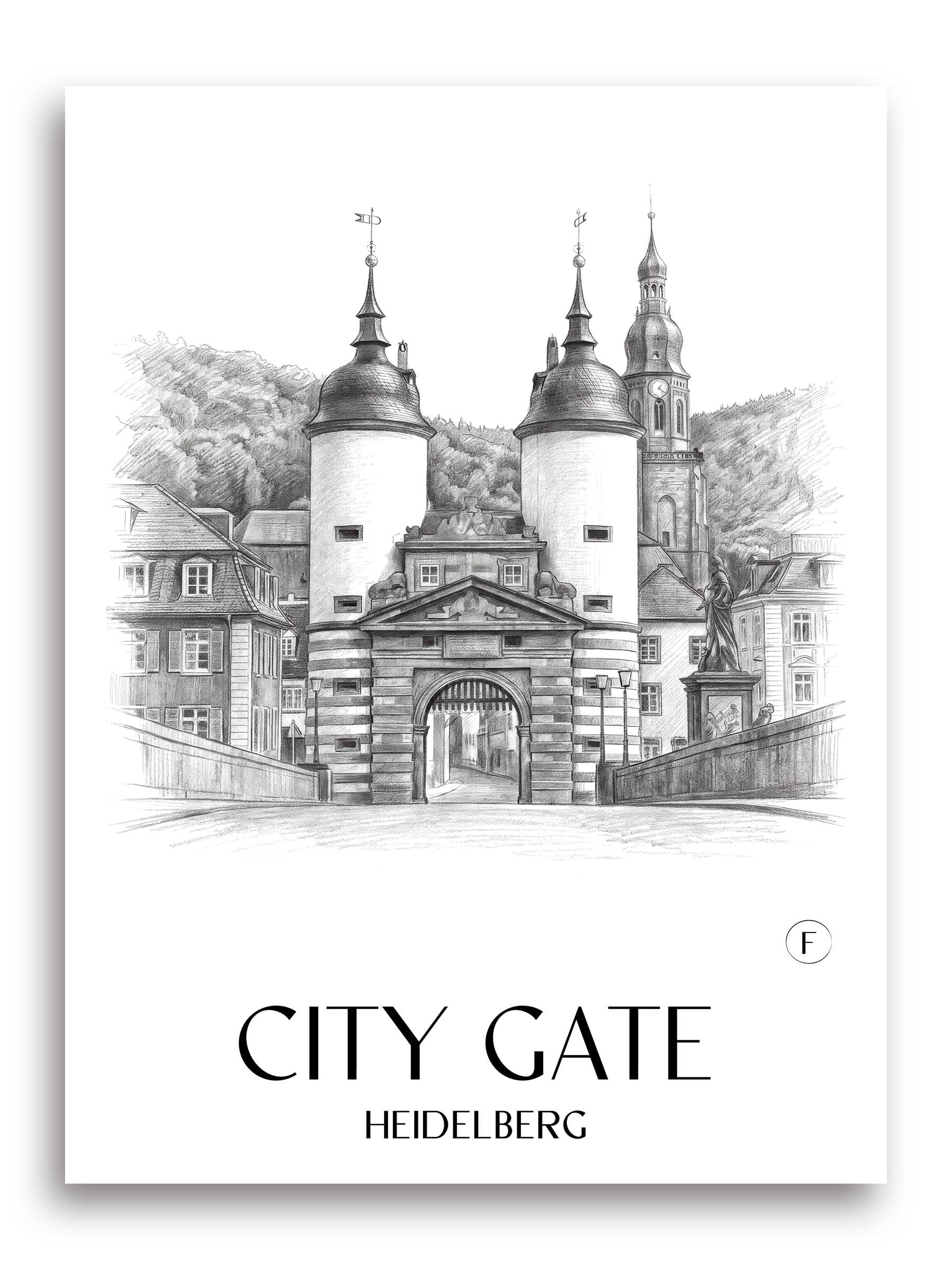 Stadttor Poster - Heidelberg - Deutschland Kunstdruck - Zeichnung von A4 bis A1