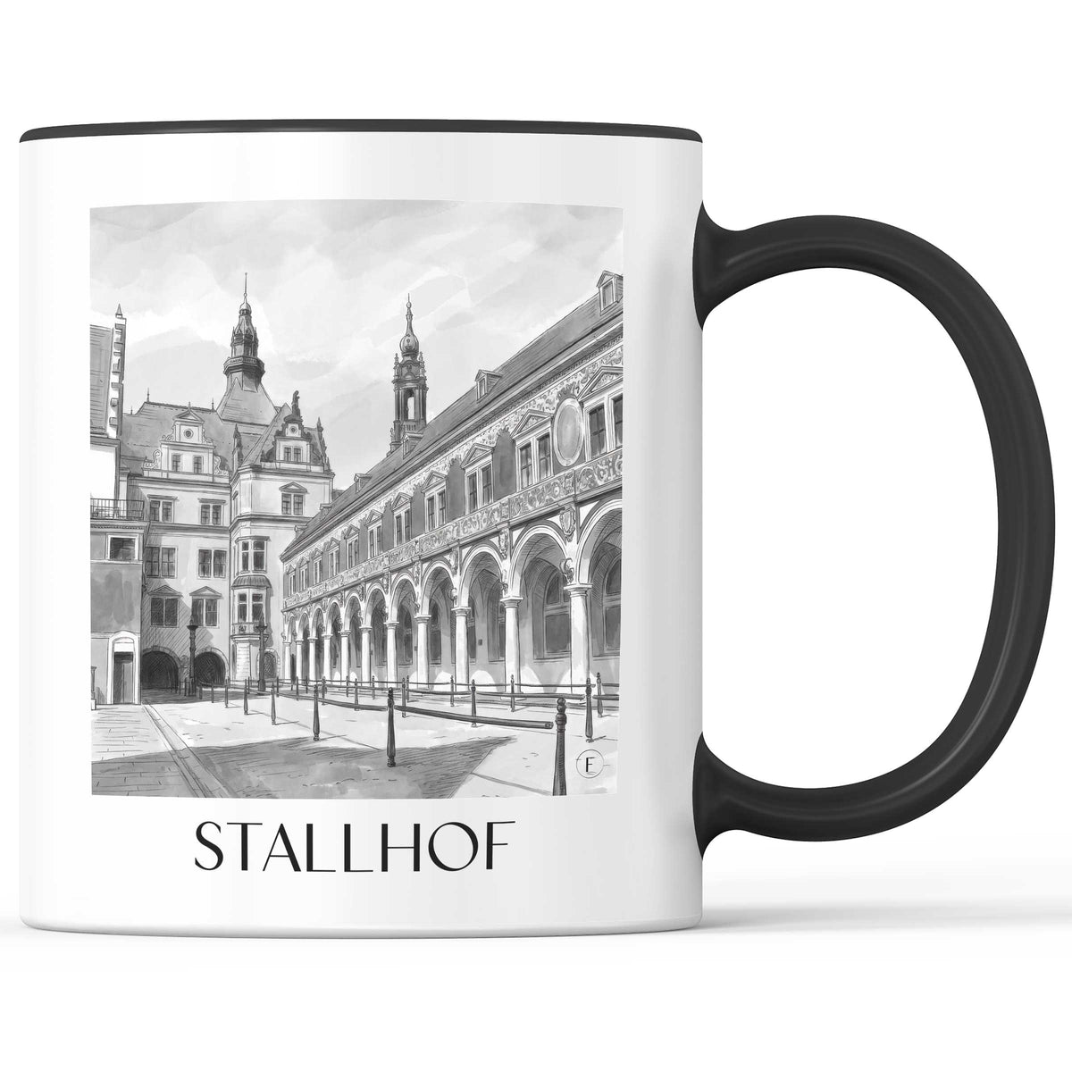 stallhof-dresden-deutschland-kaffeebecher-aquarell-schwarz-weiss