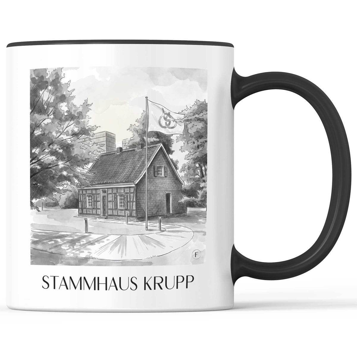 stammhaus-krupp-essen-deutschland-kaffeebecher-aquarell-schwarz-weiss