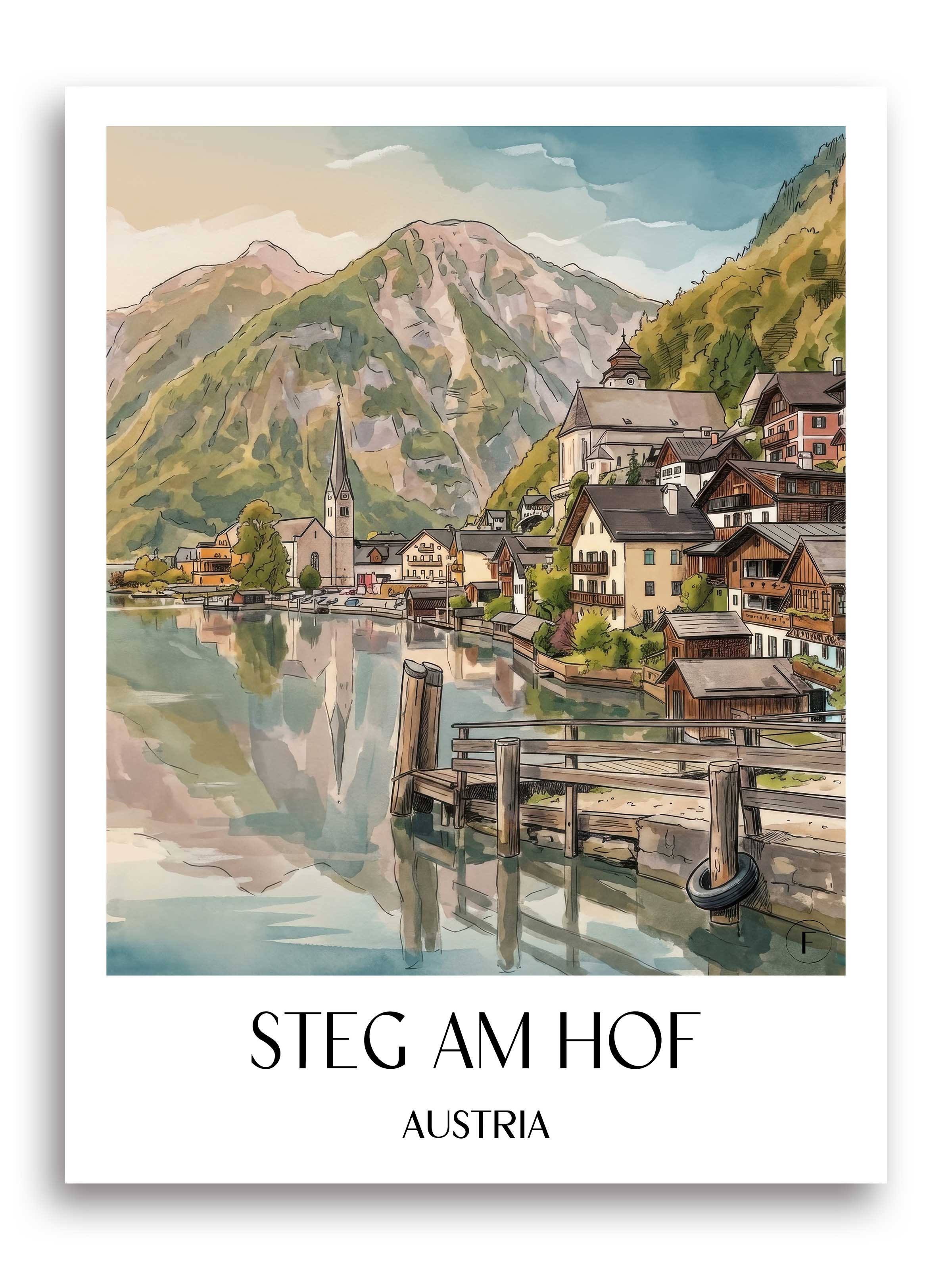 Steg Am Hof Poster - Hallstatt - Österreich Kunstdruck - Aquarell von A4 bis A1 - favplace