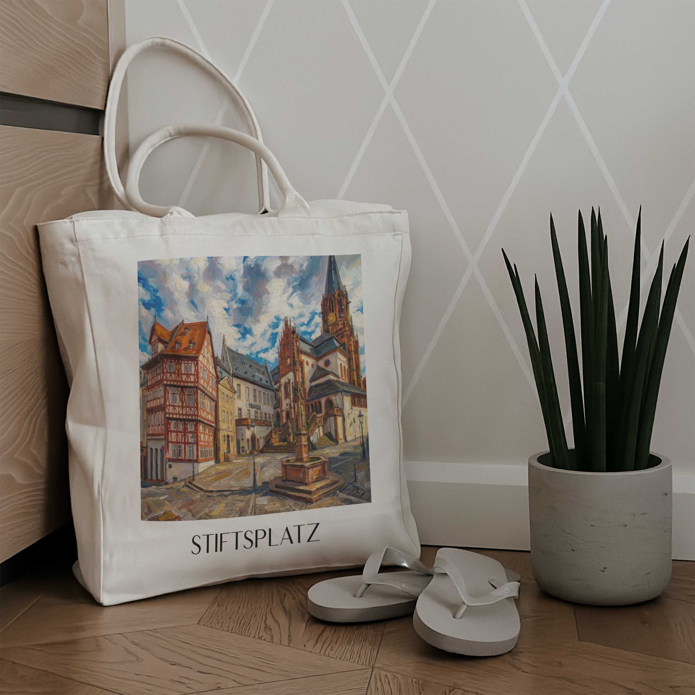 stiftsplatz-aschaffenburg-deutschland-einkaufstasche-oil-painting-oelgemaelde