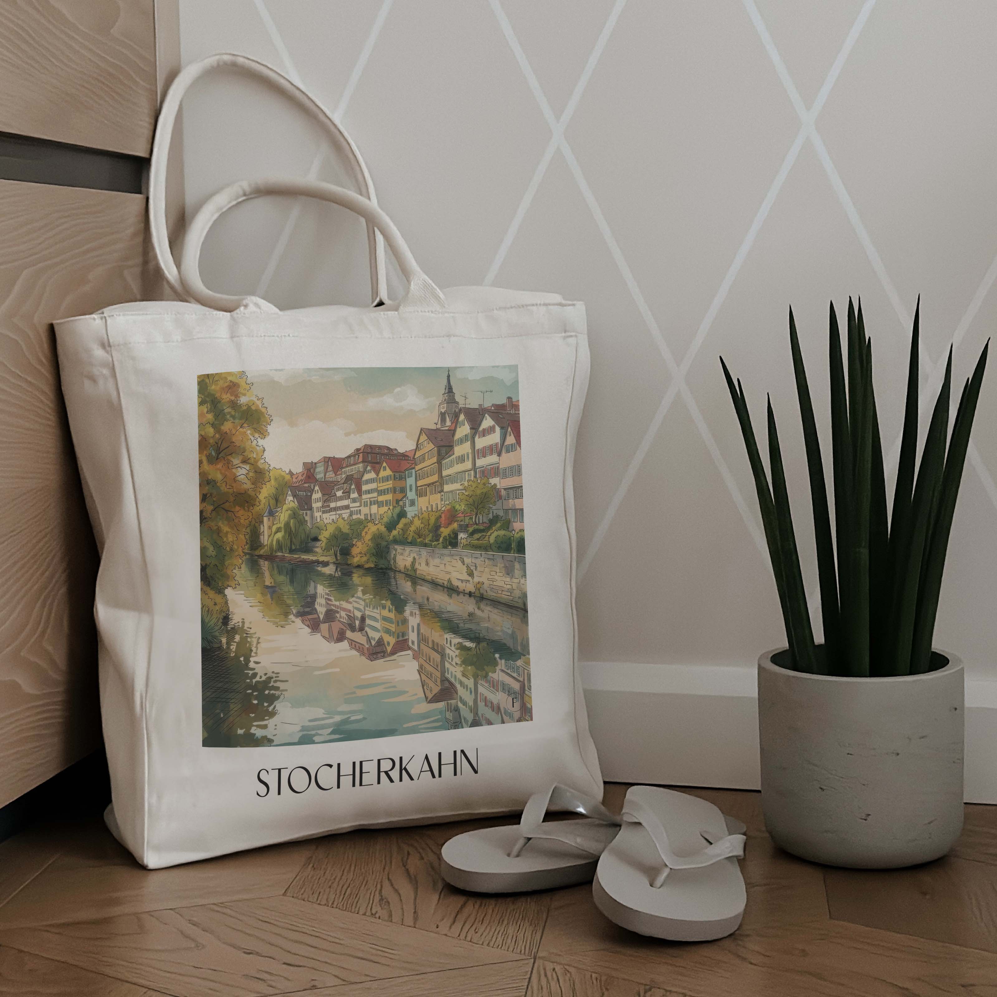 stocherkahn-tübingen-deutschland-einkaufstasche-aquarell