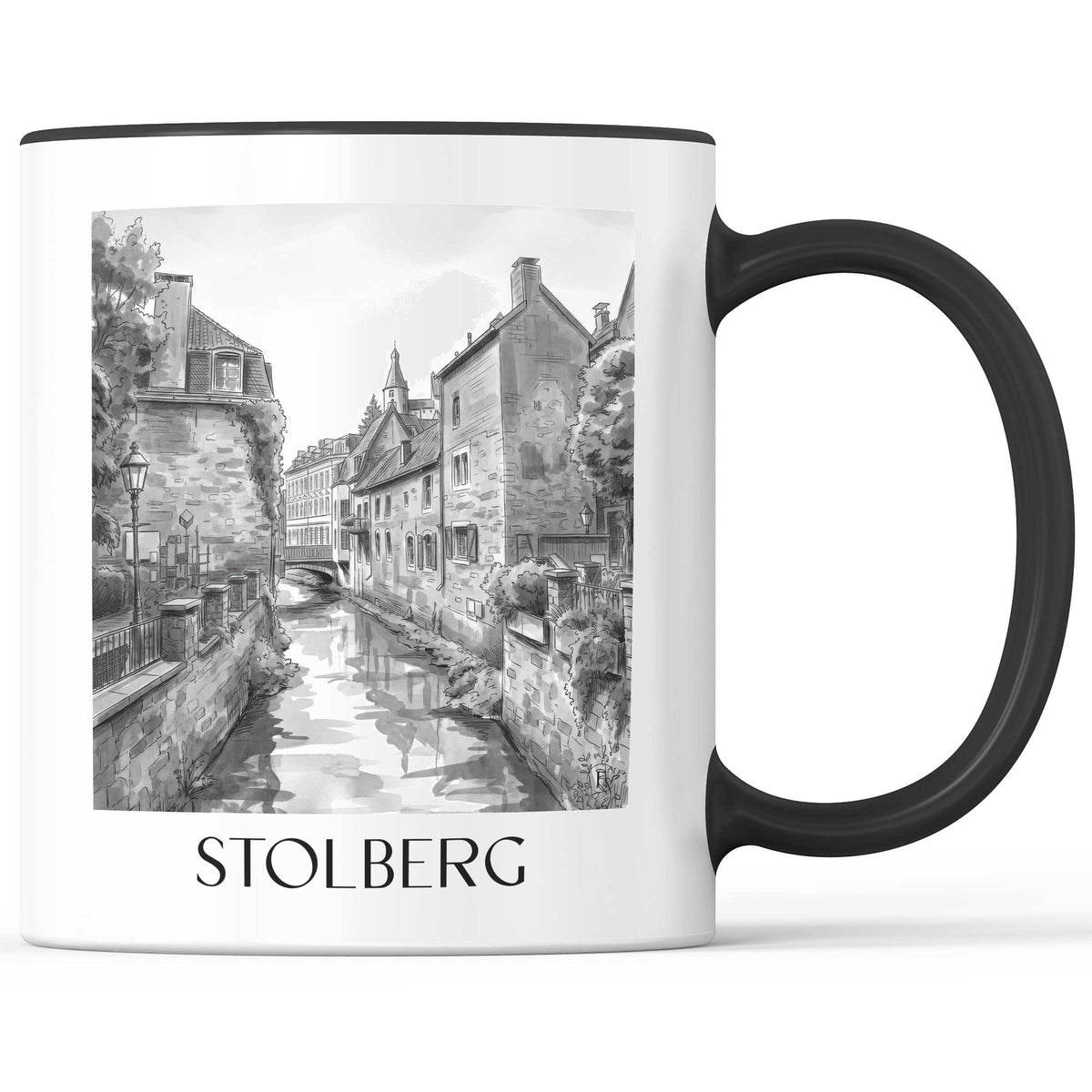 stolberg-rheinland-deutschland-kaffeebecher-aquarell-schwarz-weiss