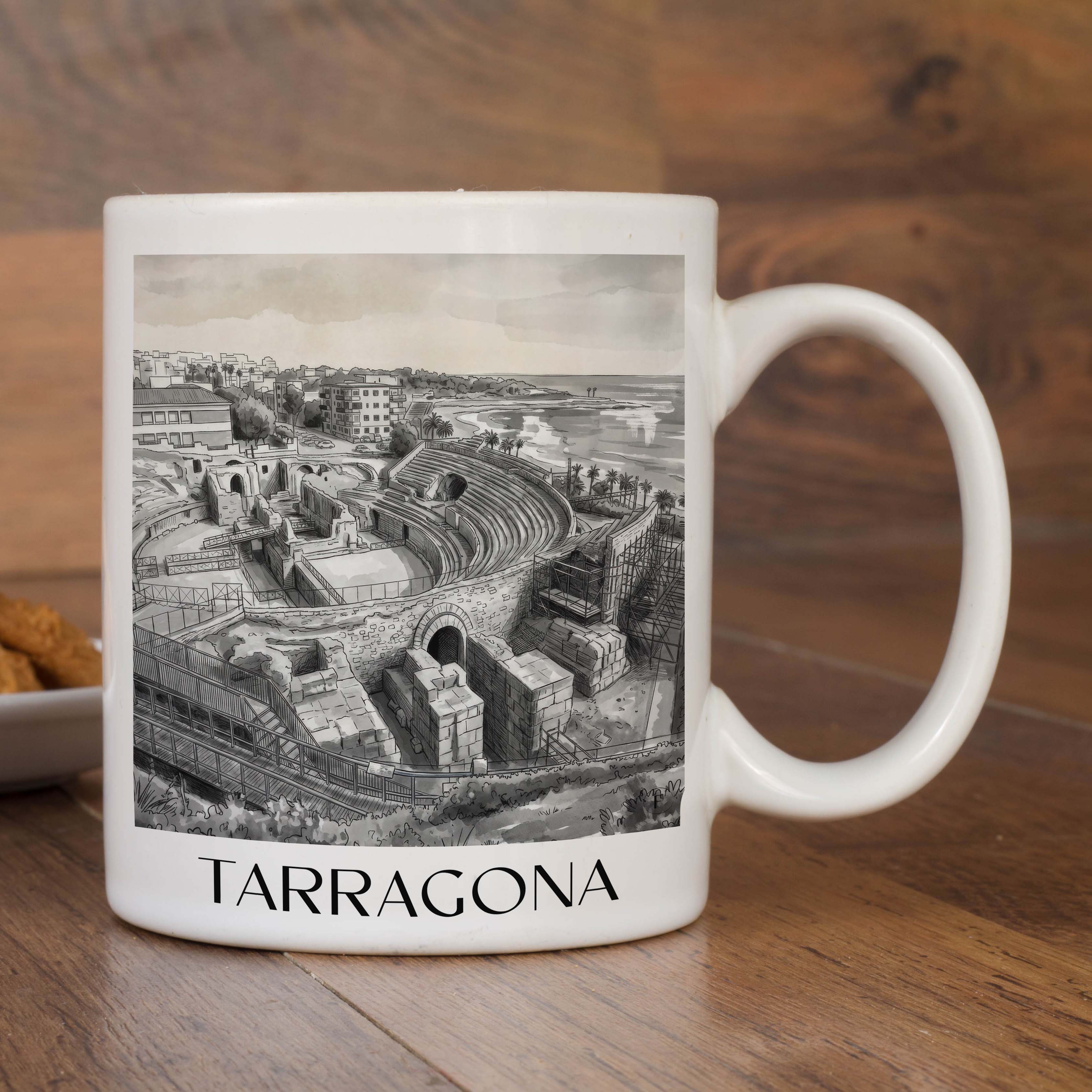 tarragona-spanien-spanien-kaffeebecher-aquarell-schwarz-weiss