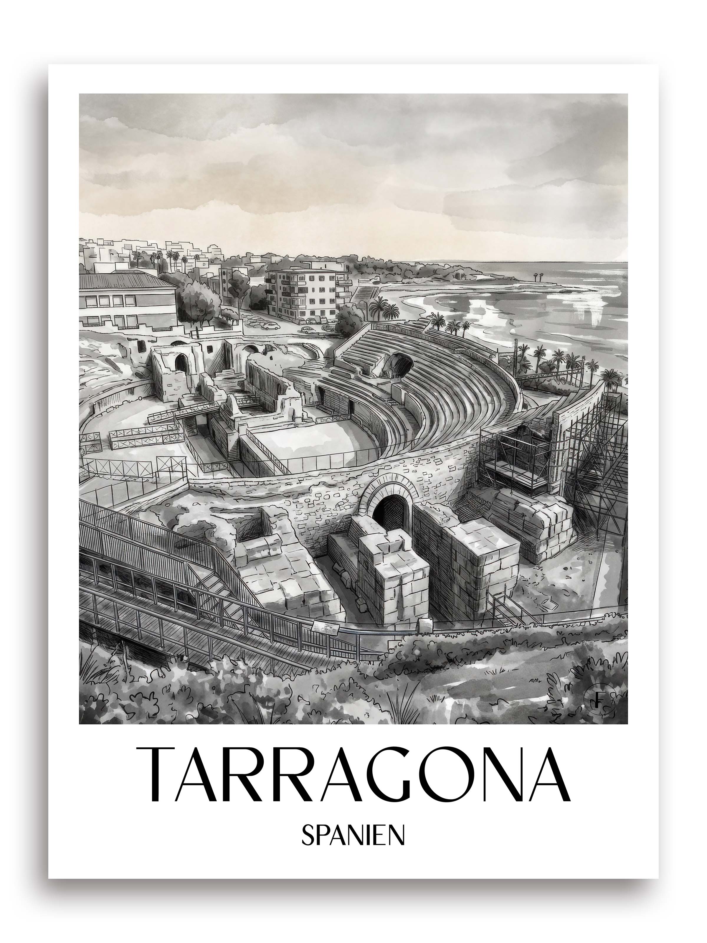 tarragona-spanien-spanien-poster-aquarell-schwarz-weiss