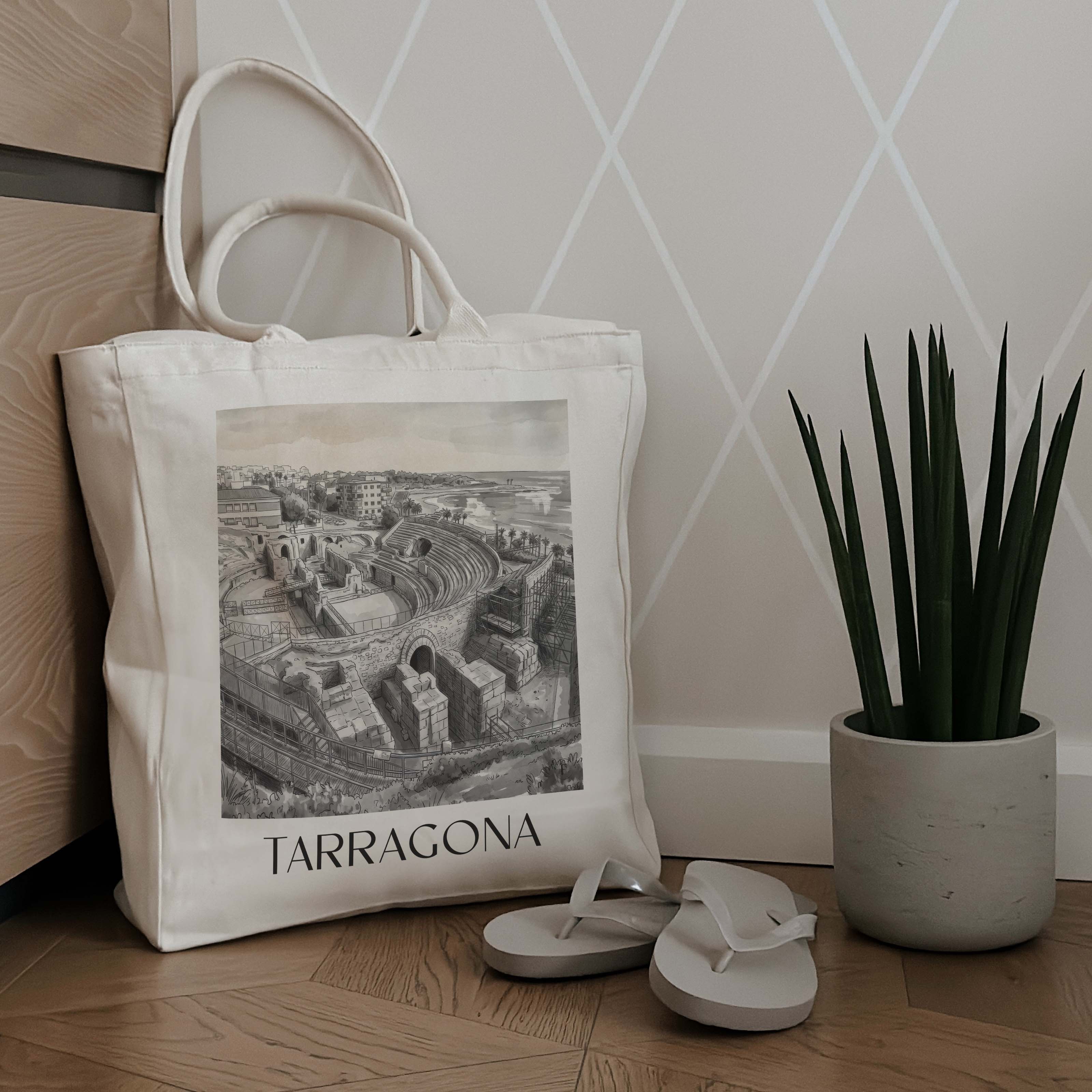 tarragona-spanien-spanien-einkaufstasche-aquarell-schwarz-weiss