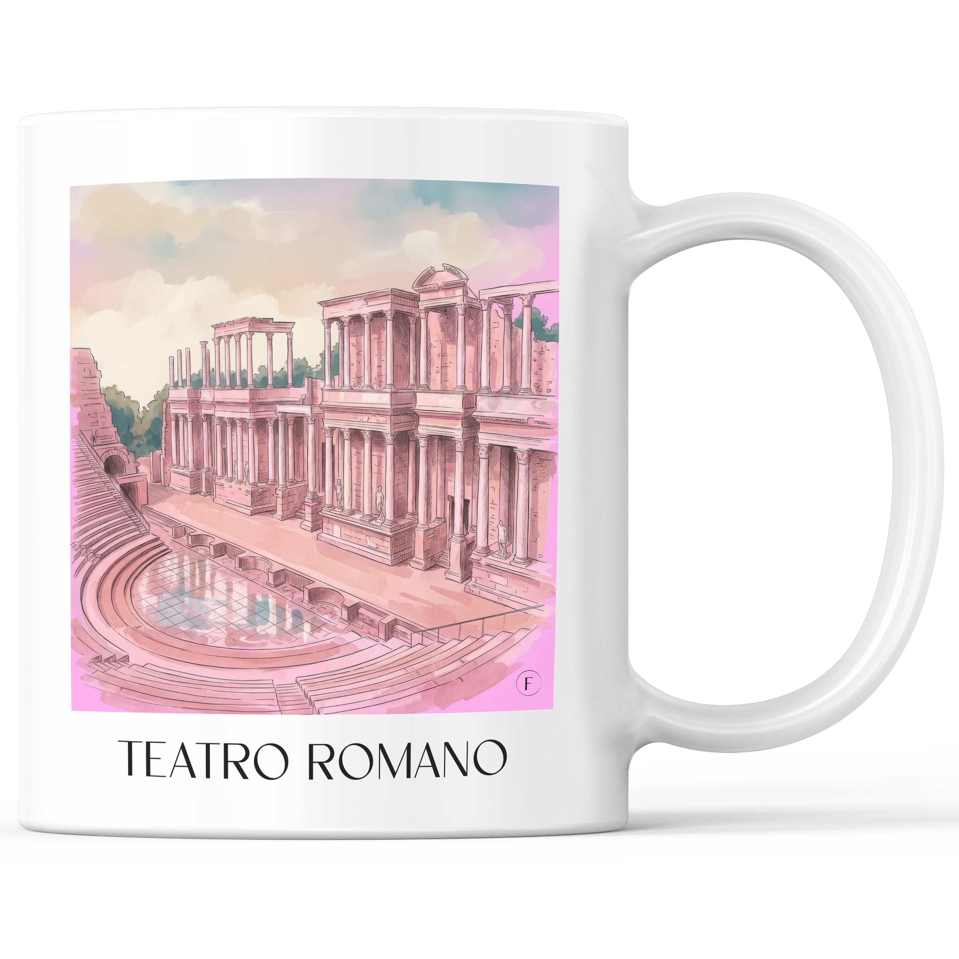 Teatro Romano Kaffeebecher - Mérída - Spanien Becher - Kaffeetasse im Aquarell Pink Stil - favplace