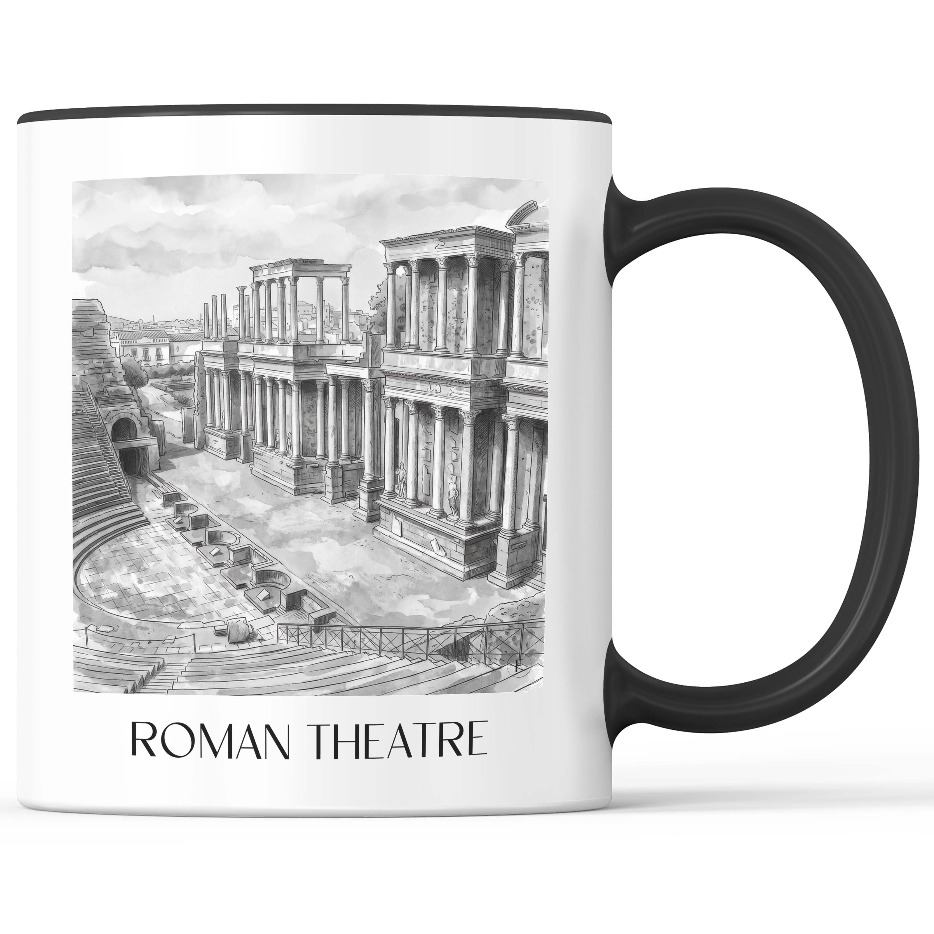 Teatro Romano Kaffeebecher - Mérída - Spanien Becher - Kaffeetasse im Aquarell Schwarz-Weiß Stil - favplace