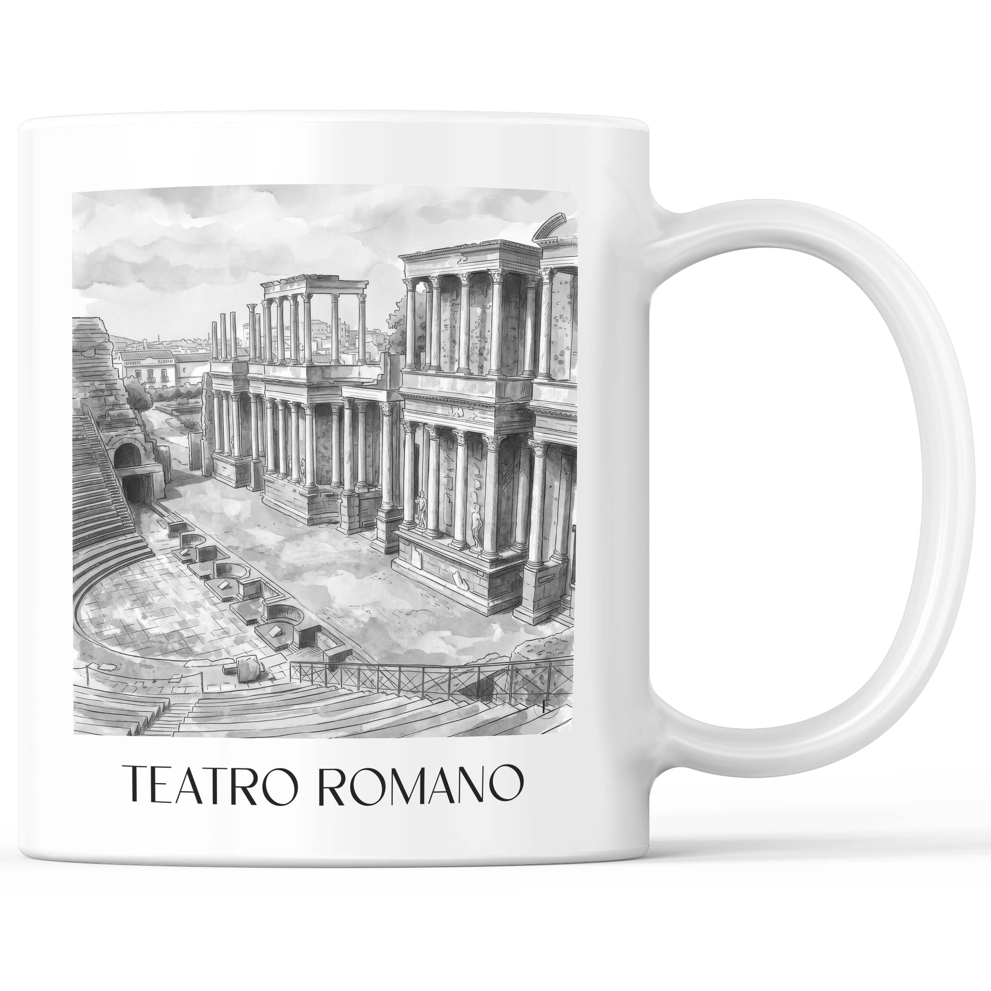 Teatro Romano Kaffeebecher - Mérída - Spanien Becher - Kaffeetasse im Aquarell Schwarz-Weiß Stil - favplace