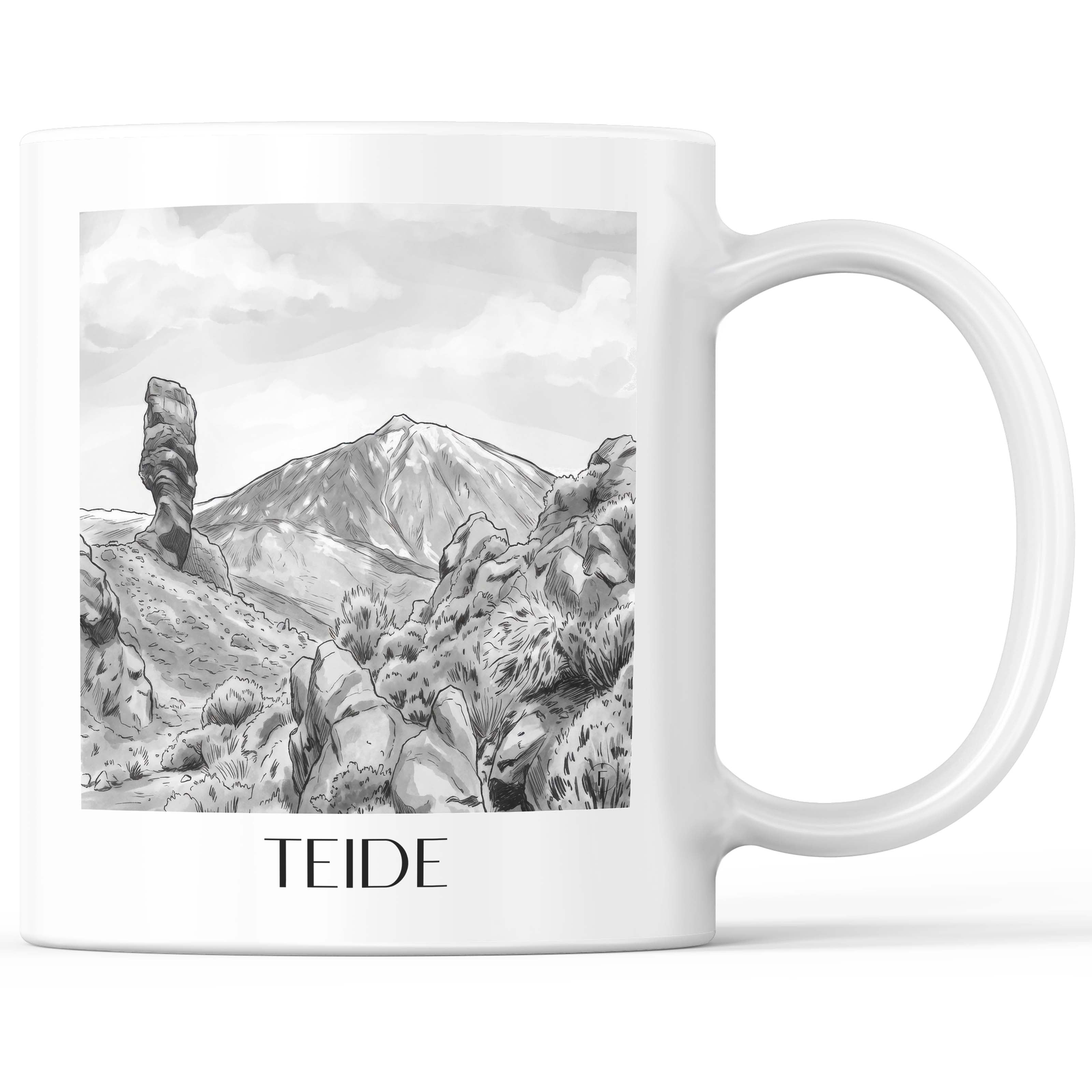 Teide Kaffeebecher - Teneriffa - Spanien Becher - Kaffeetasse im Aquarell Schwarz-Weiß Stil - favplace