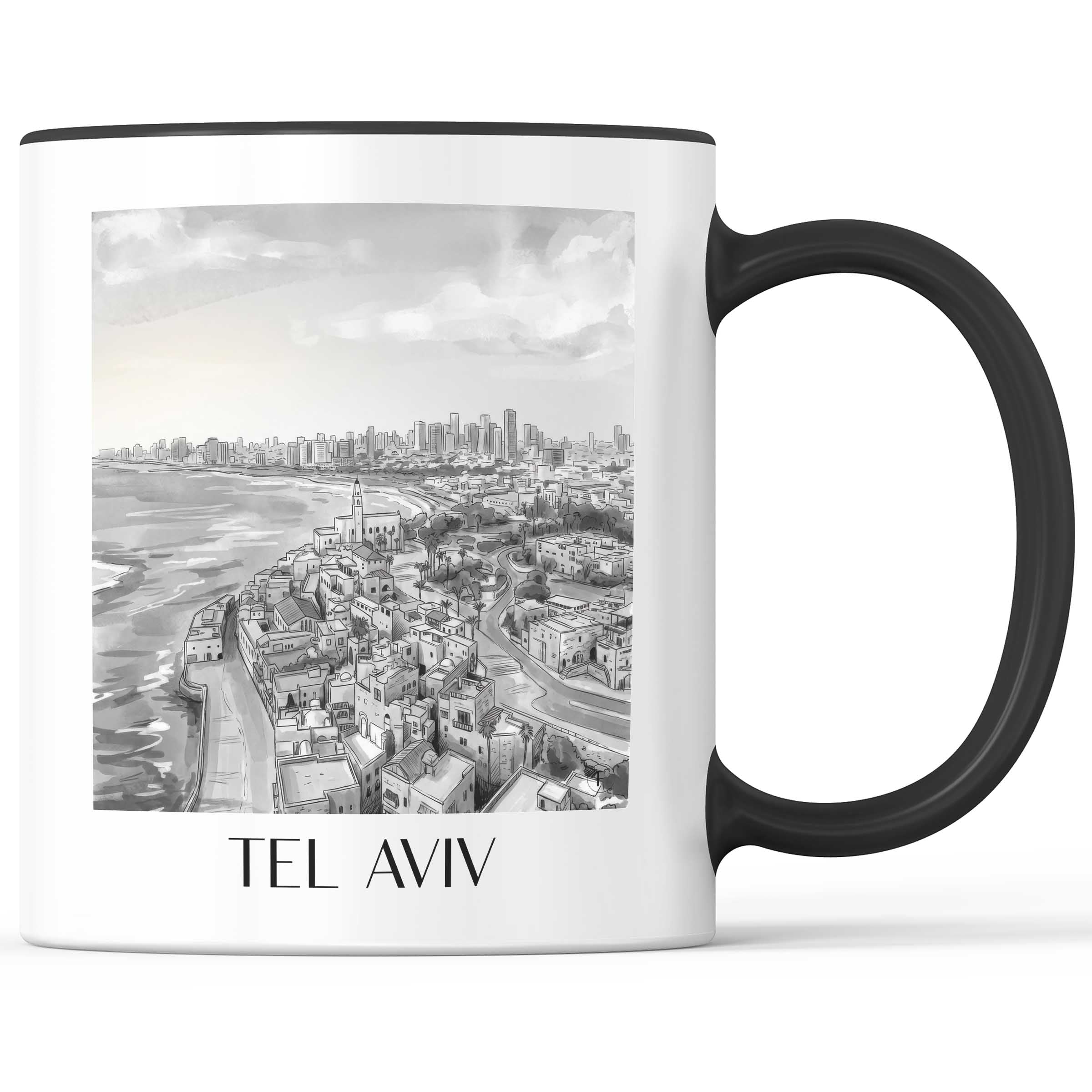 Tel Aviv - Israel Becher - Kaffeetasse im Aquarell Schwarz-Weiß Stil - favplace