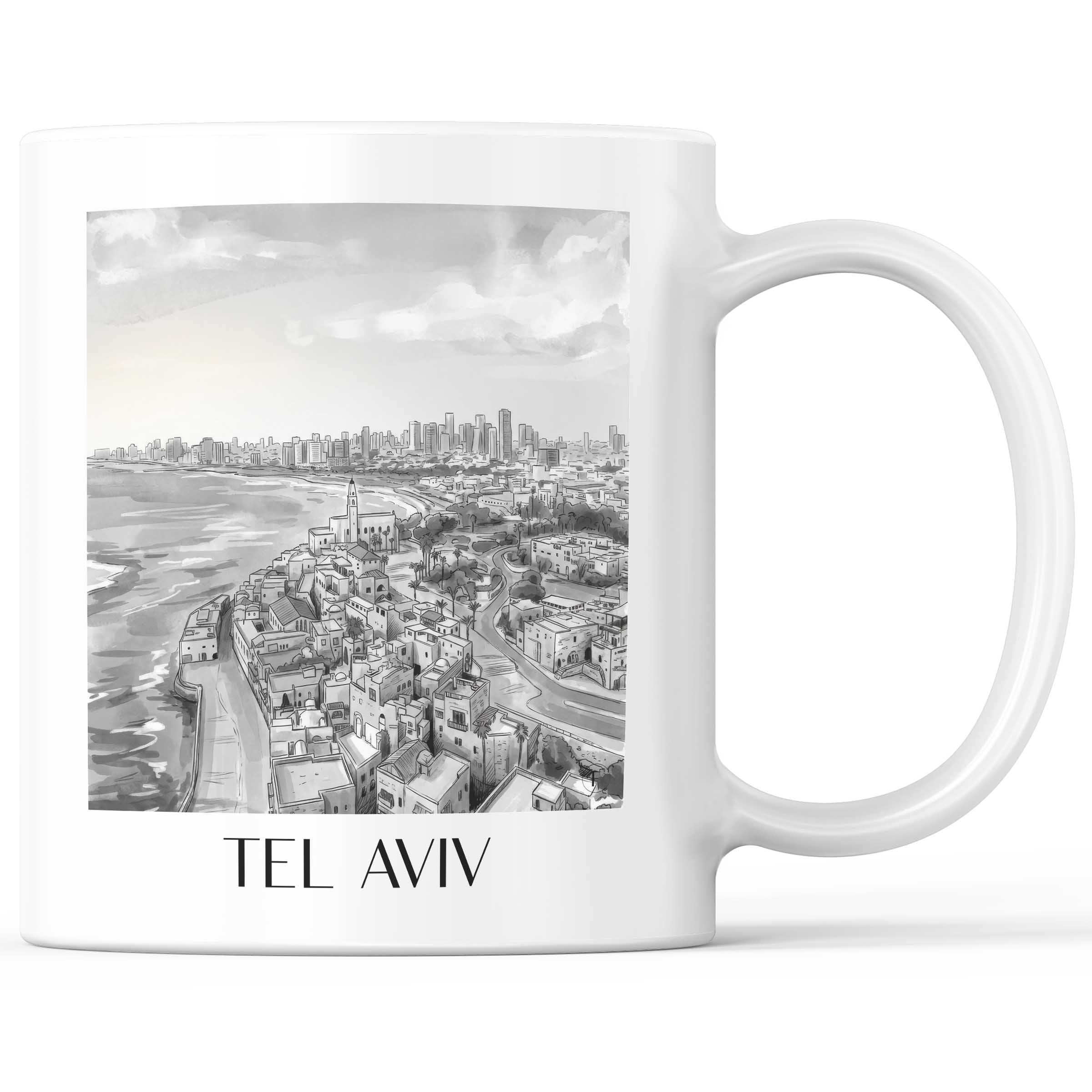 Tel Aviv - Israel Becher - Kaffeetasse im Aquarell Schwarz-Weiß Stil - favplace