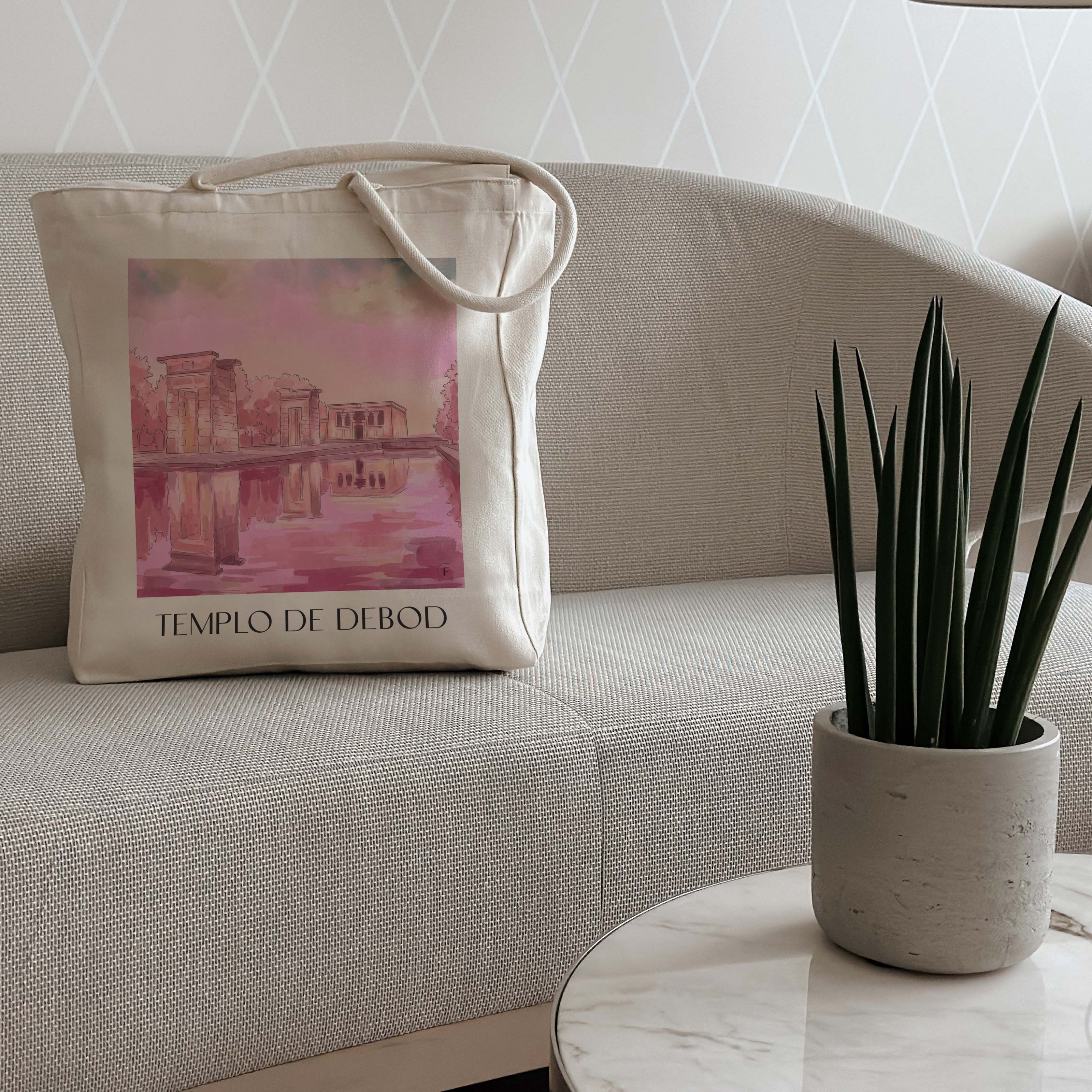 templo-de-debod-madrid-spanien-einkaufstasche-aquarell-pink-rosa