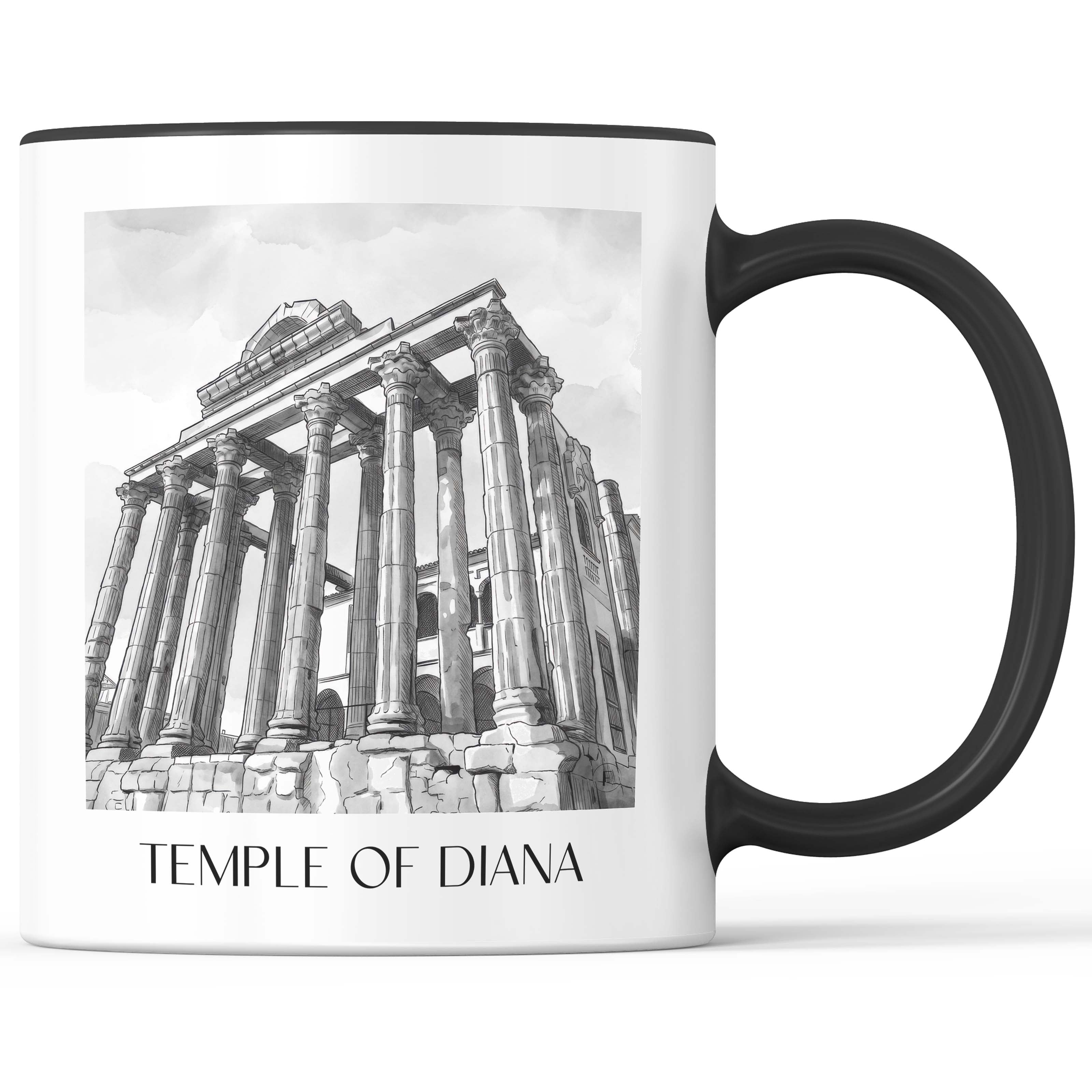 Templo de Diana Kaffeebecher - Mérída - Spanien Becher - Kaffeetasse im Aquarell Schwarz-Weiß Stil - favplace