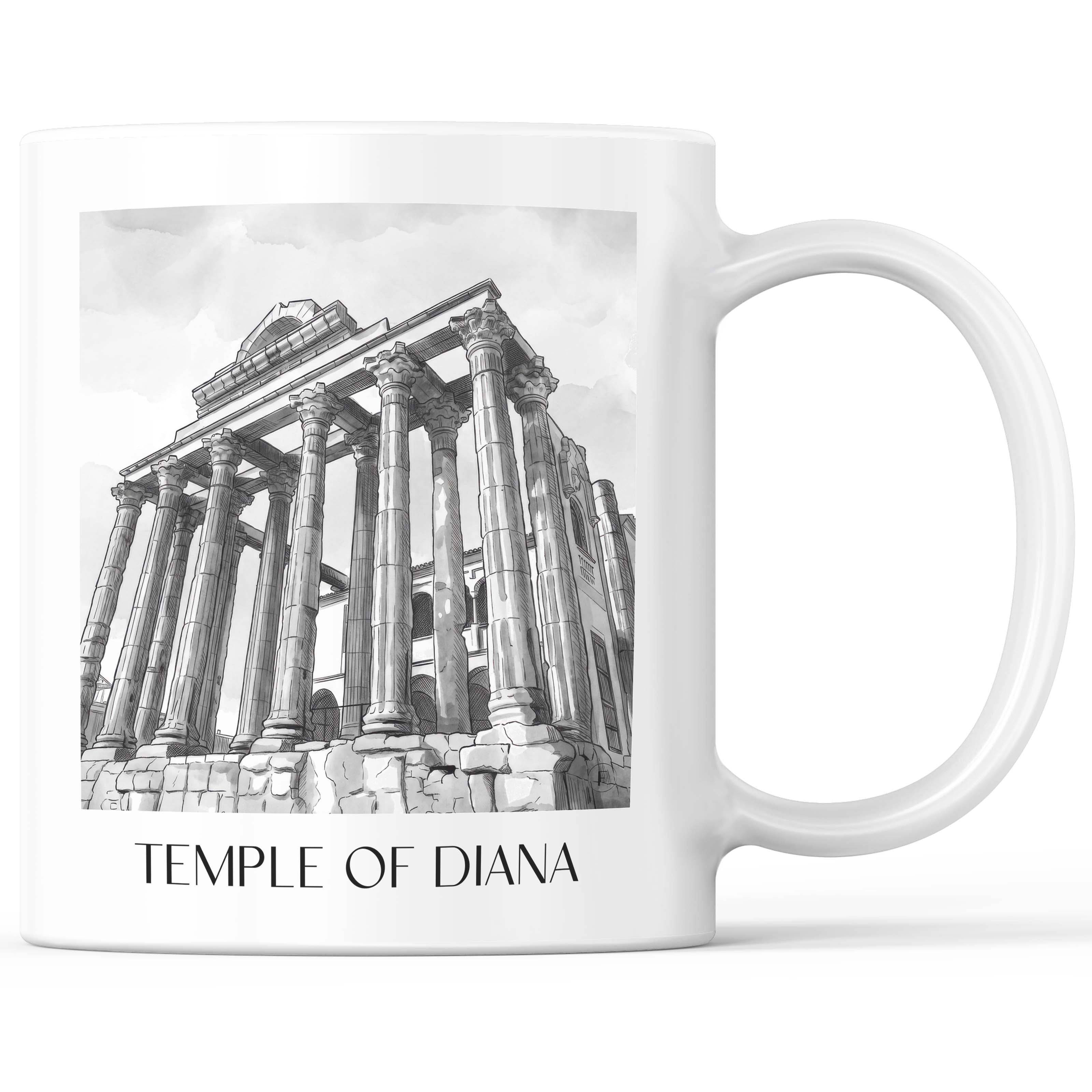 Templo de Diana Kaffeebecher - Mérída - Spanien Becher - Kaffeetasse im Aquarell Schwarz-Weiß Stil - favplace