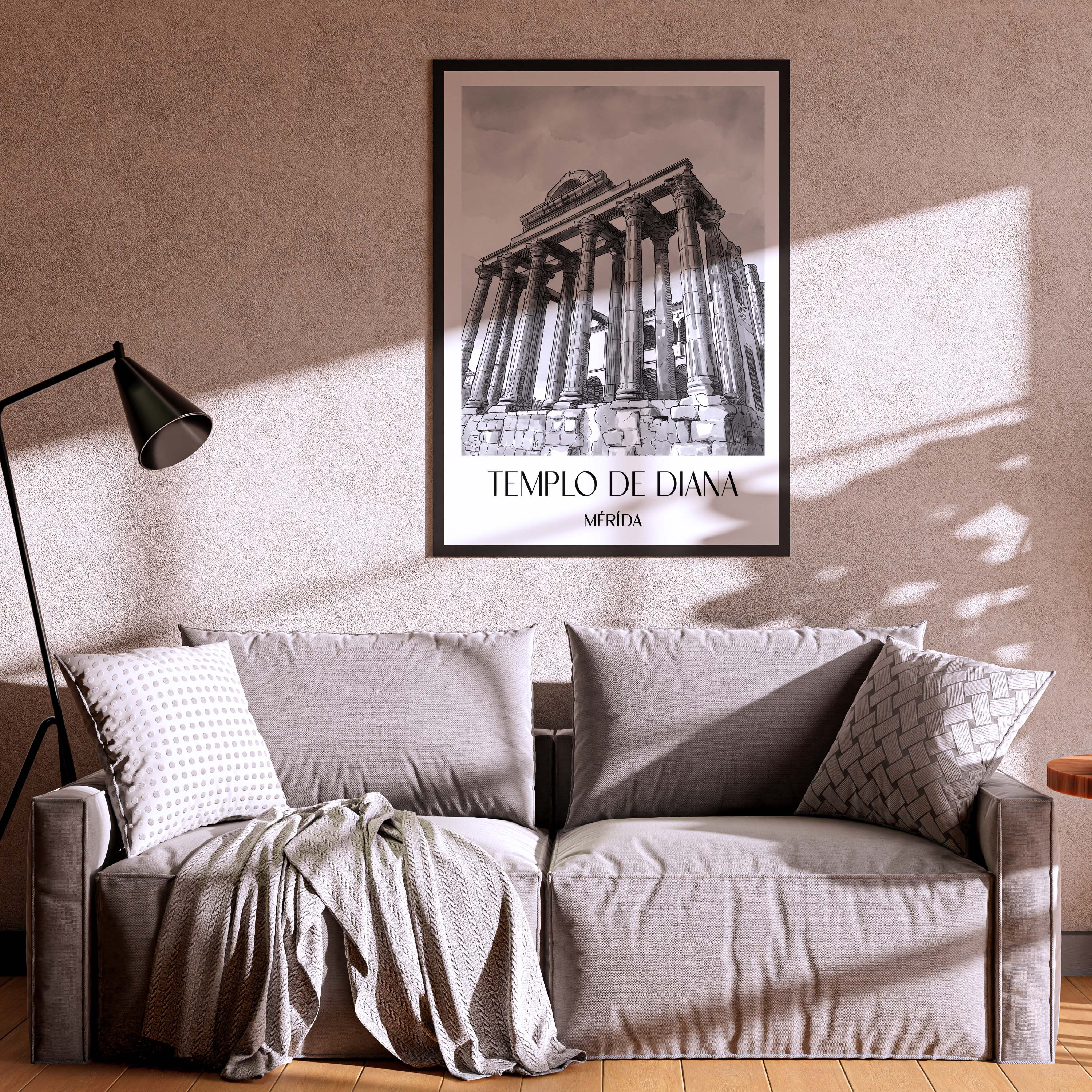 templo-de-diana-mérída-spanien-poster-aquarell-schwarz-weiss