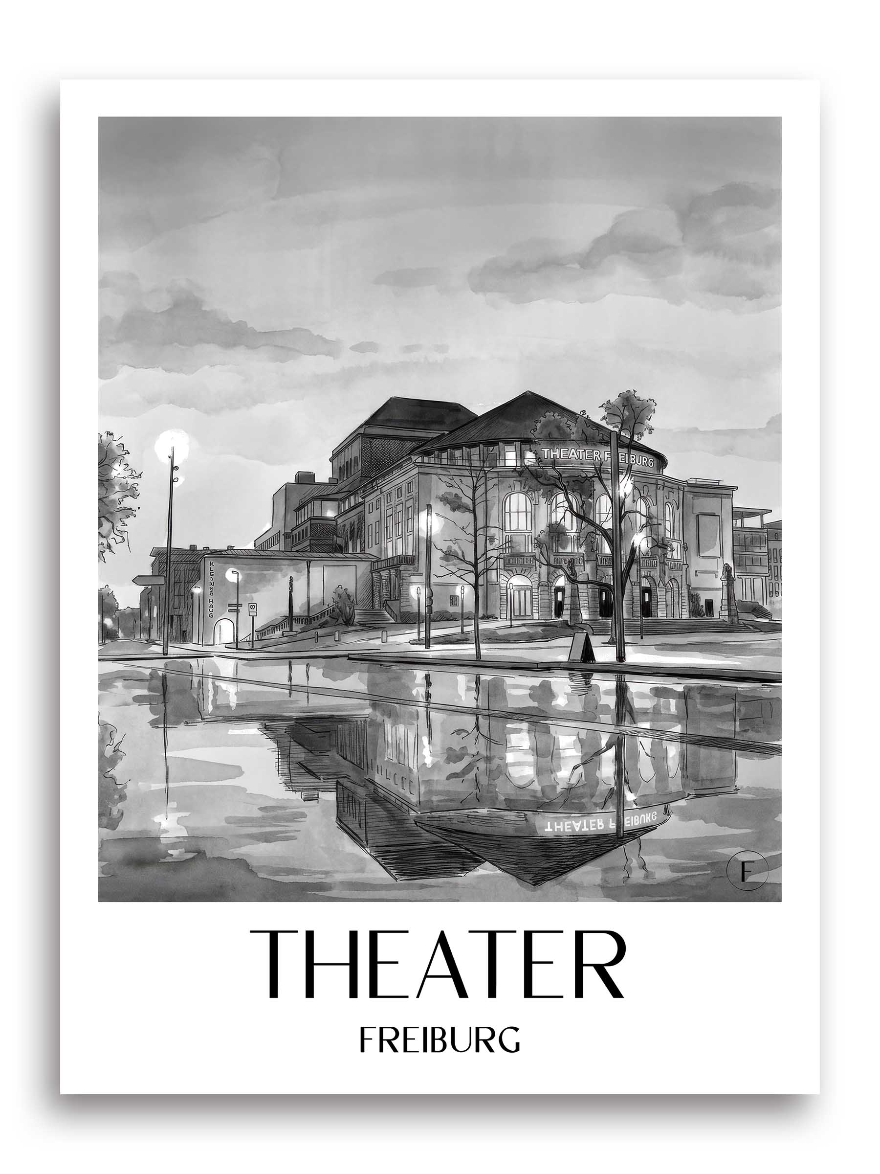 Theater Poster - Freiburg - Deutschland Kunstdruck - Aquarell Schwarz-Weiß von A4 bis A1 - favplace